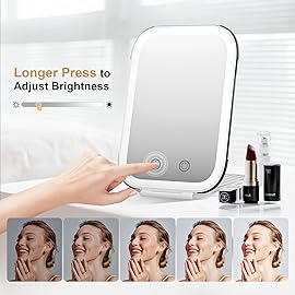 FUNTOUCH Rechargeable Travel Makeup Mirror with Lights and Small 10X Magnification,Light up Portable Vanity Mirror with 80 Leds,2000mAh Battery,Brightness Adjustable,3 Lighting, Dimming Compact Mirror