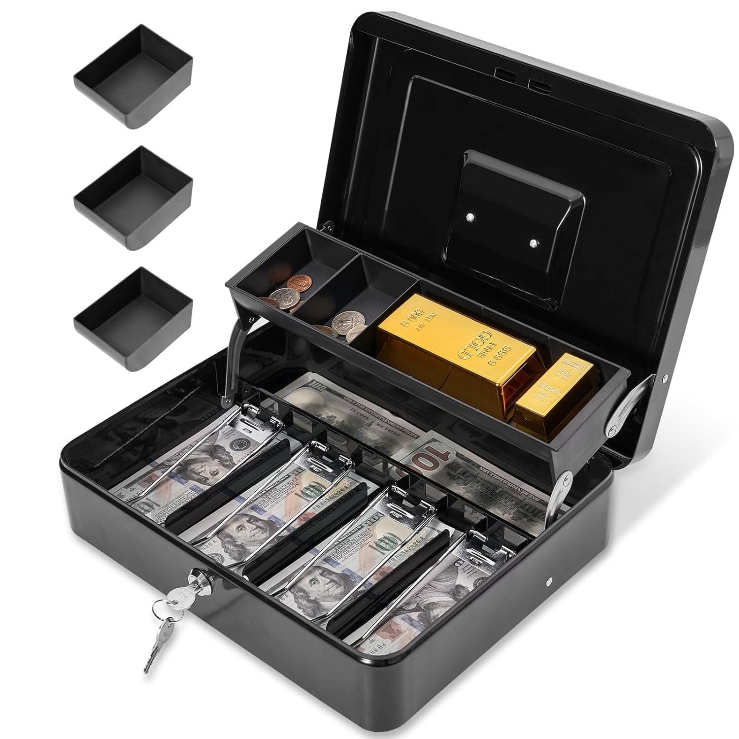 Money Box with Combination Lock, Metal Cash Box with Money Tray, Cash Register,5 Compartments Cantilever Tray & 4 Spring-Loaded Clips for Bills,11.81"x 9.45"x 3.54" Black-image-7