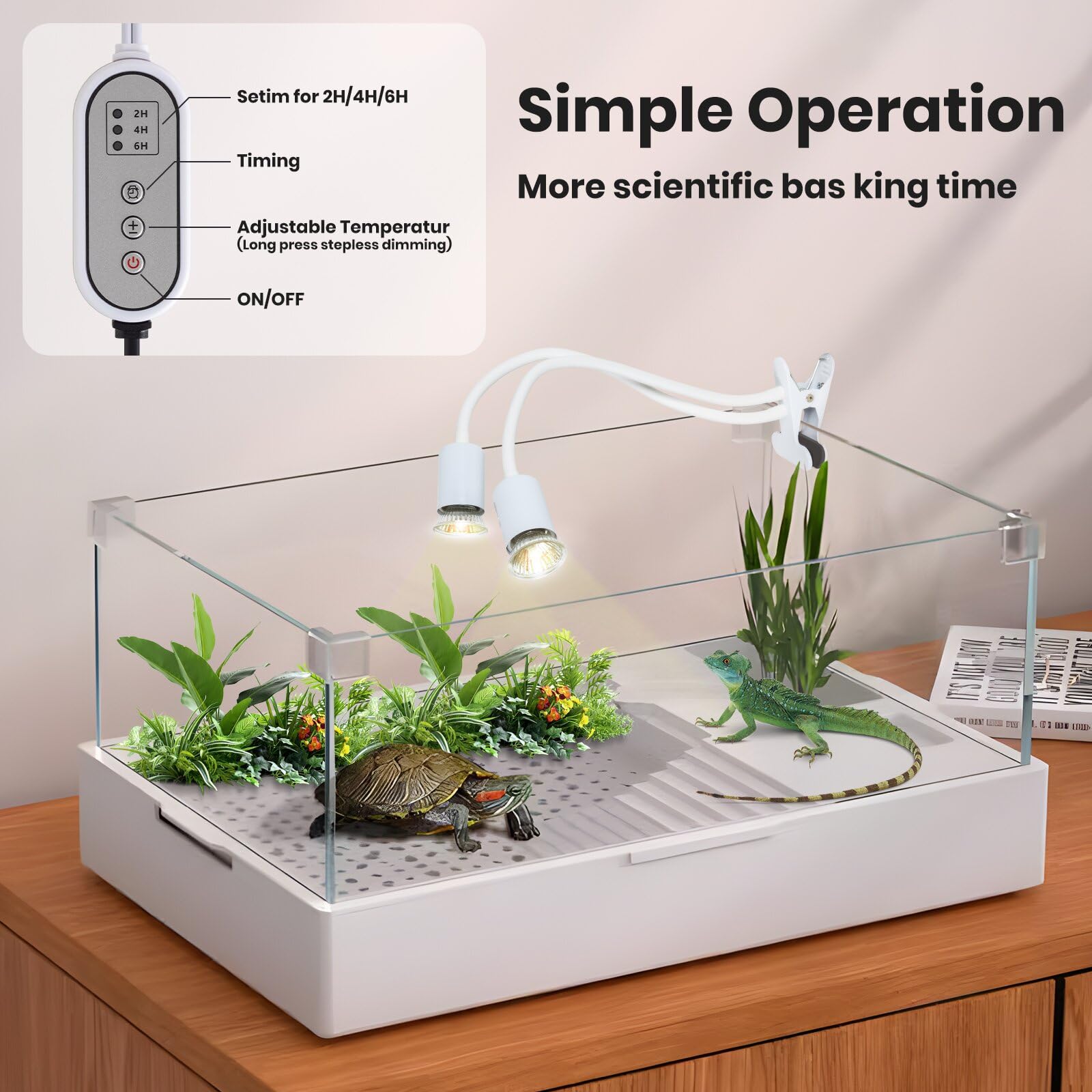 testyu Lampada Riscaldante Tartarughe a Due Teste, 25W+50W Lampada Tartarughe Acqua E27, UVA+UVB Lampadas Riscaldante Rettile con Interruttore Timer Regolabile per Tartarug Rettili Lucertole (Bianco)