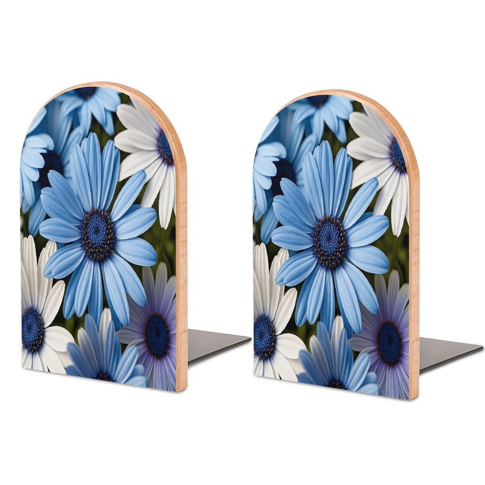 Blooming Blue Daisy Bookend for Shelves Unique Book End Sturdy Books Holder Heavy Duty Wooden Bookends Support Non-Slip Book Organizers Decorative Modern Bookend Holder for Home