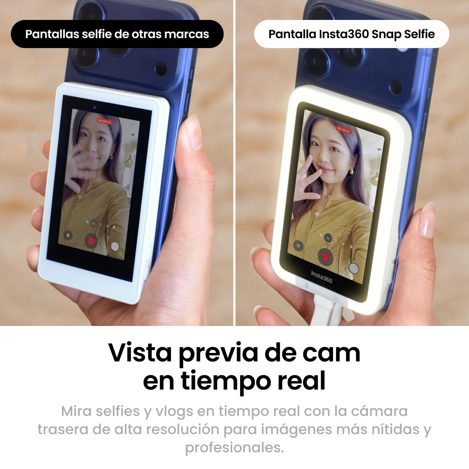 Insta360 Pantalla Snap Selfie con luz - Pantalla de Monitor Selfie magnética 4K para Selfie, vlogging, Compatible con iPhone 15/16/17 Pro, iluminación Ajustable, Control táctil