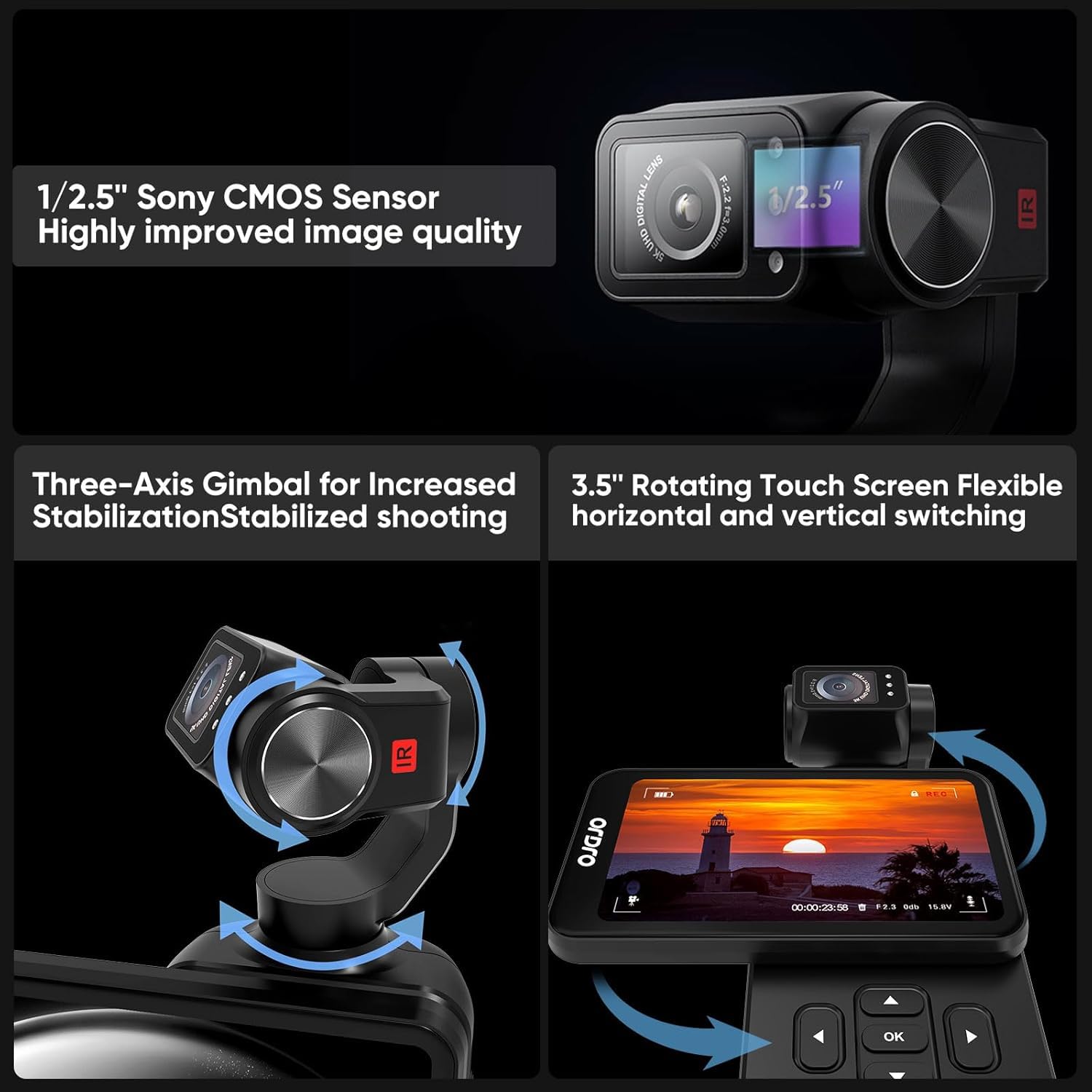ORDRO M5 Handheld Set mit 3-Achsen-Stabilisierung, tragbare WiFi Vlog-Kamera mit IR-Nachtsicht, 120° Weitwinkel und Gesichtserkennung für YouTube