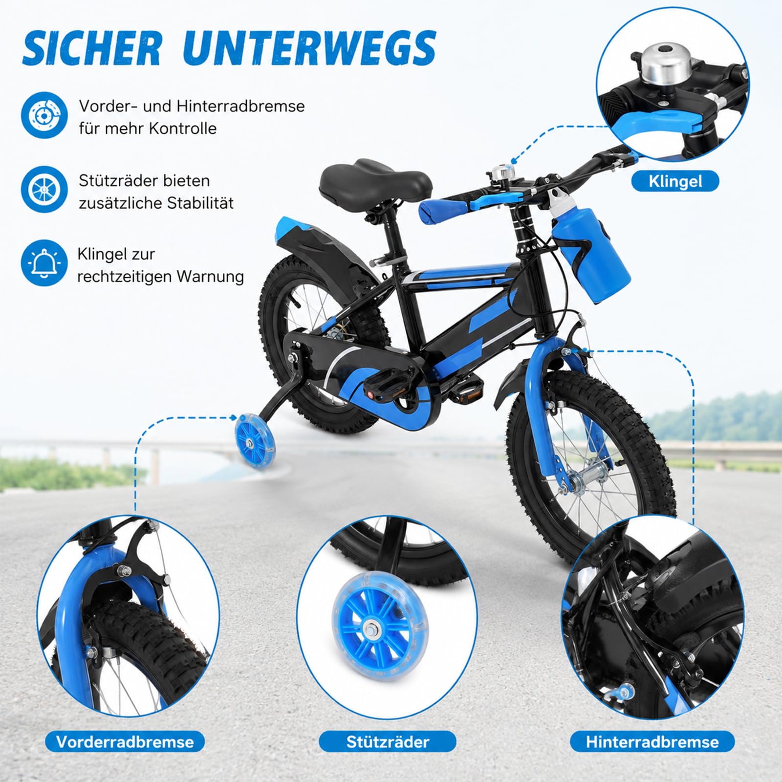 14-Zoll-Kinderfahrrad, Jungen und Mädchen Fahrrad Kinder mit Stützräder und Wasserflasche, Kinderfahrrad ab 3 Jahre mit Duales Bremssystem, HöHenverstellbar, Robust und Stabil