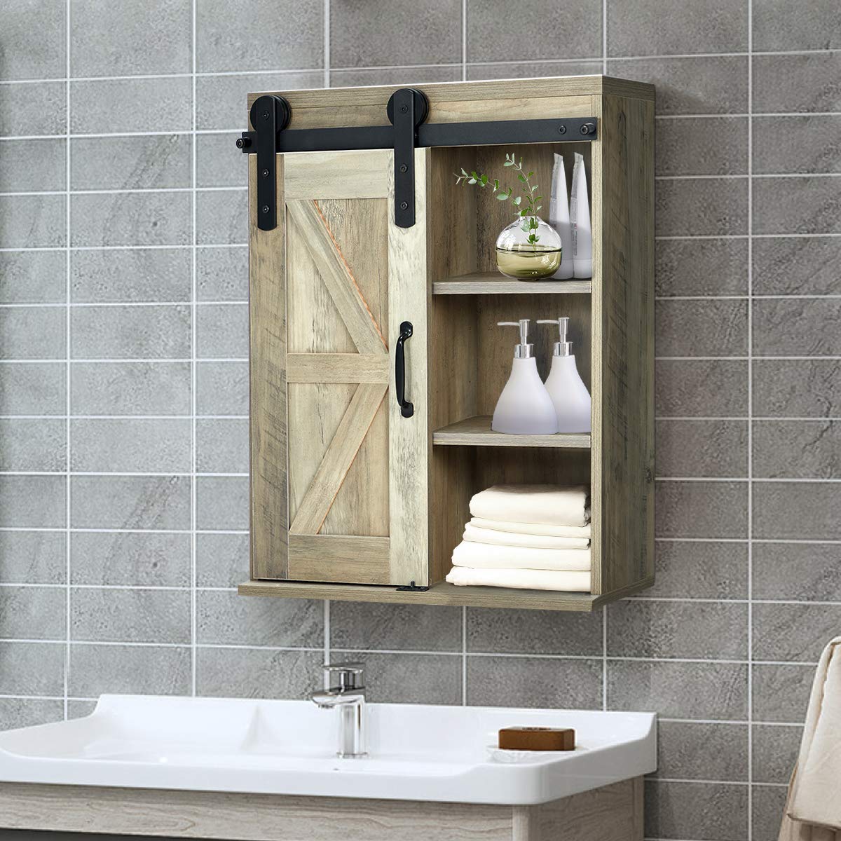 YOLENY Wood Wall Storage with Sliding Barn Door,3Tier