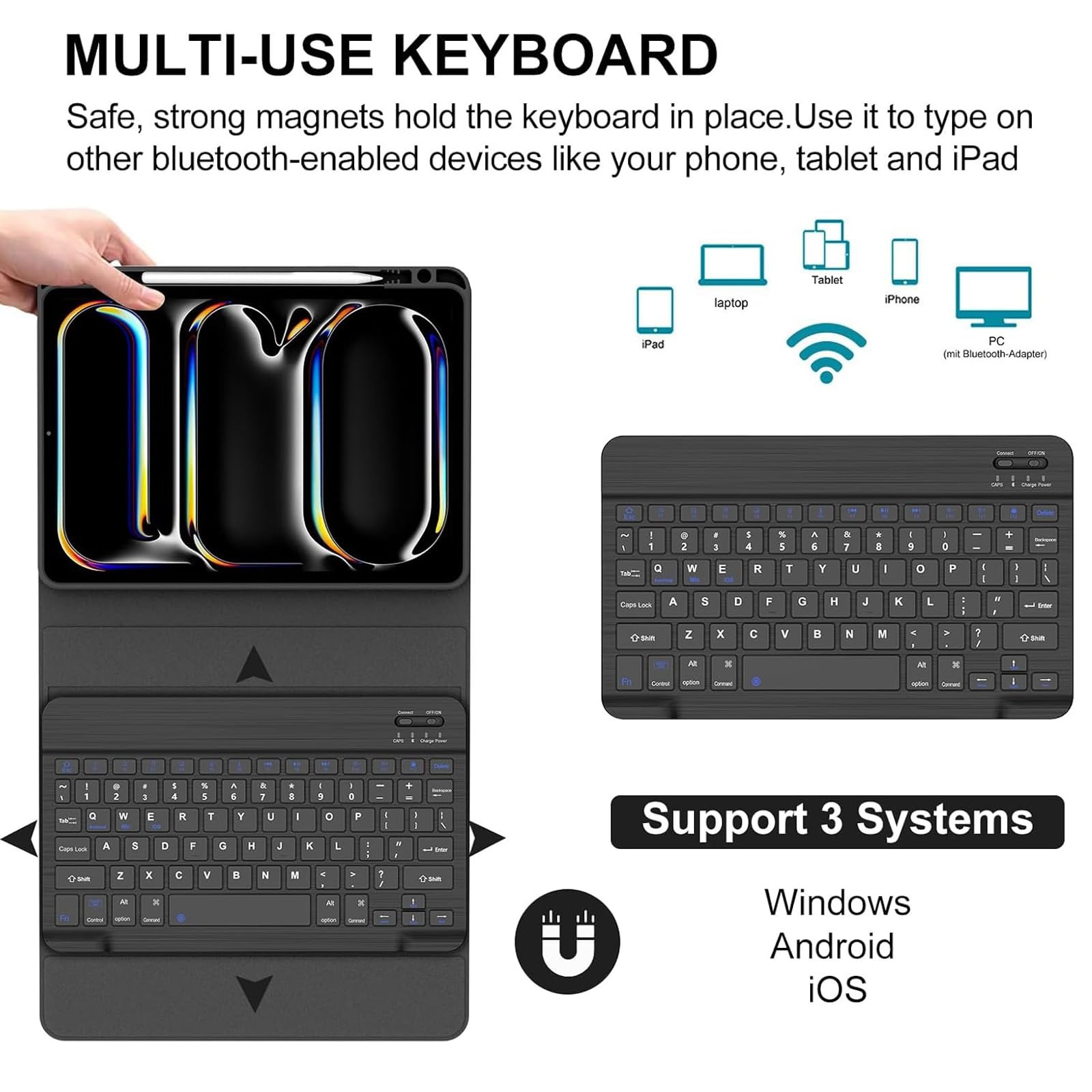 Etui z klawiaturą do Honor Pad X8a 11 cali 2024 z uchwytem na ołówek, smukłe, lekkie etui z magnetycznie odłączaną klawiaturą bezprzewodową