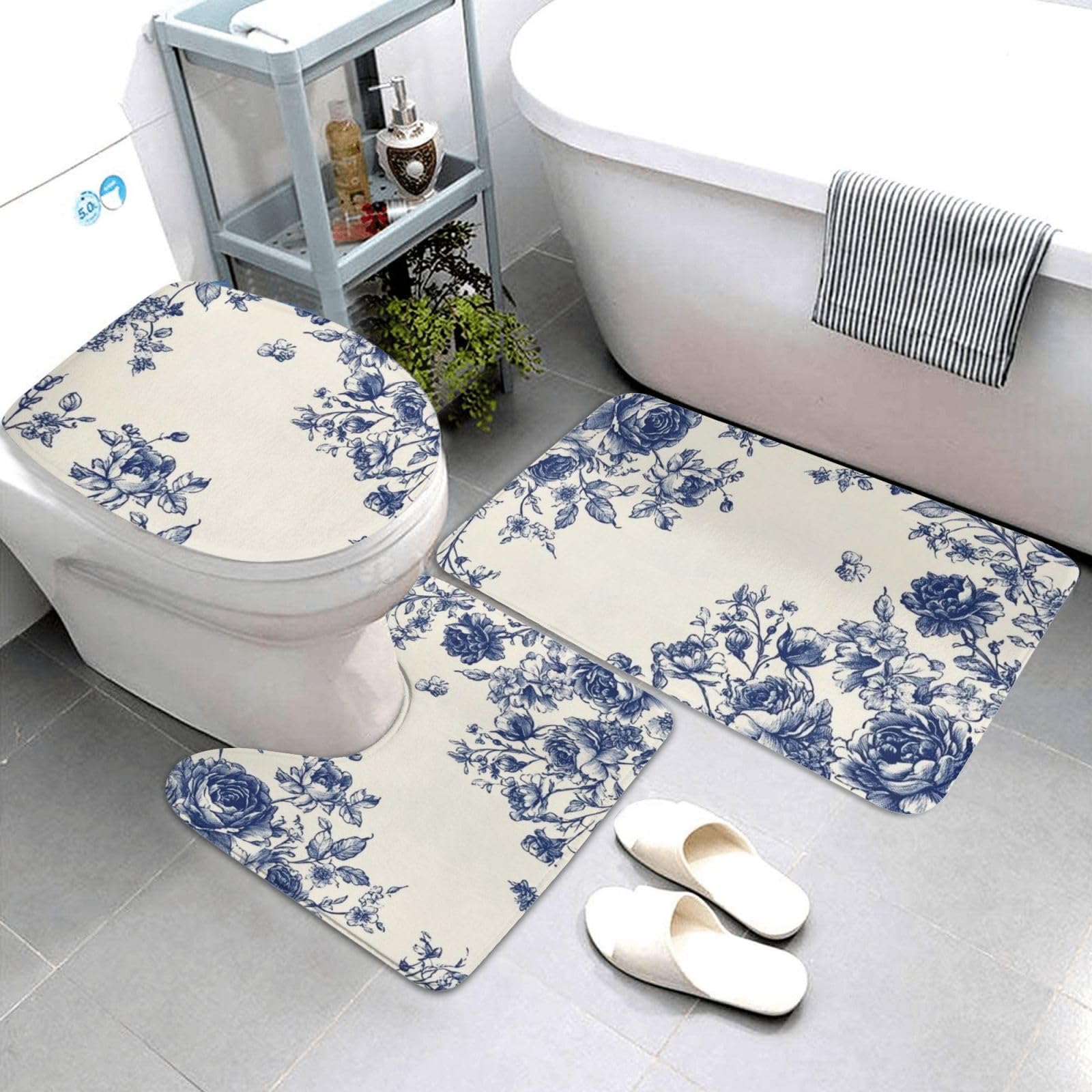 Lot de 3 tapis de bain en mousse à mémoire de forme, doux et absorbants, motif fleurs bleues dans le style chinois, tapis de toilette en forme de U, décoration d'intérieur, séchage rapide