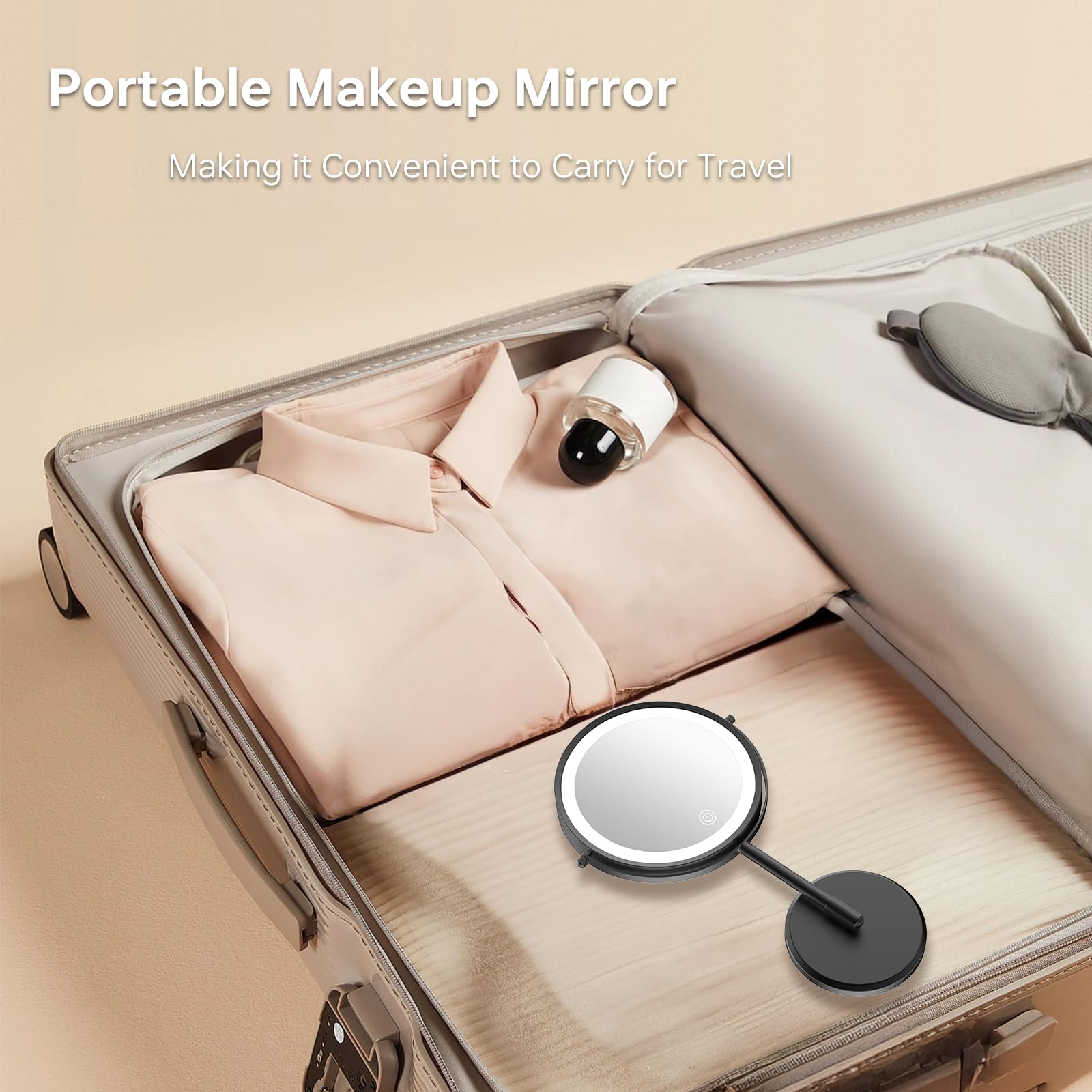 Espejo de maquillaje plegable de viaje con luces y aumento, espejo de aumento iluminado de doble cara 1X/10X con batería recargable, brillo ajustable, iluminación de 3 colores, negro