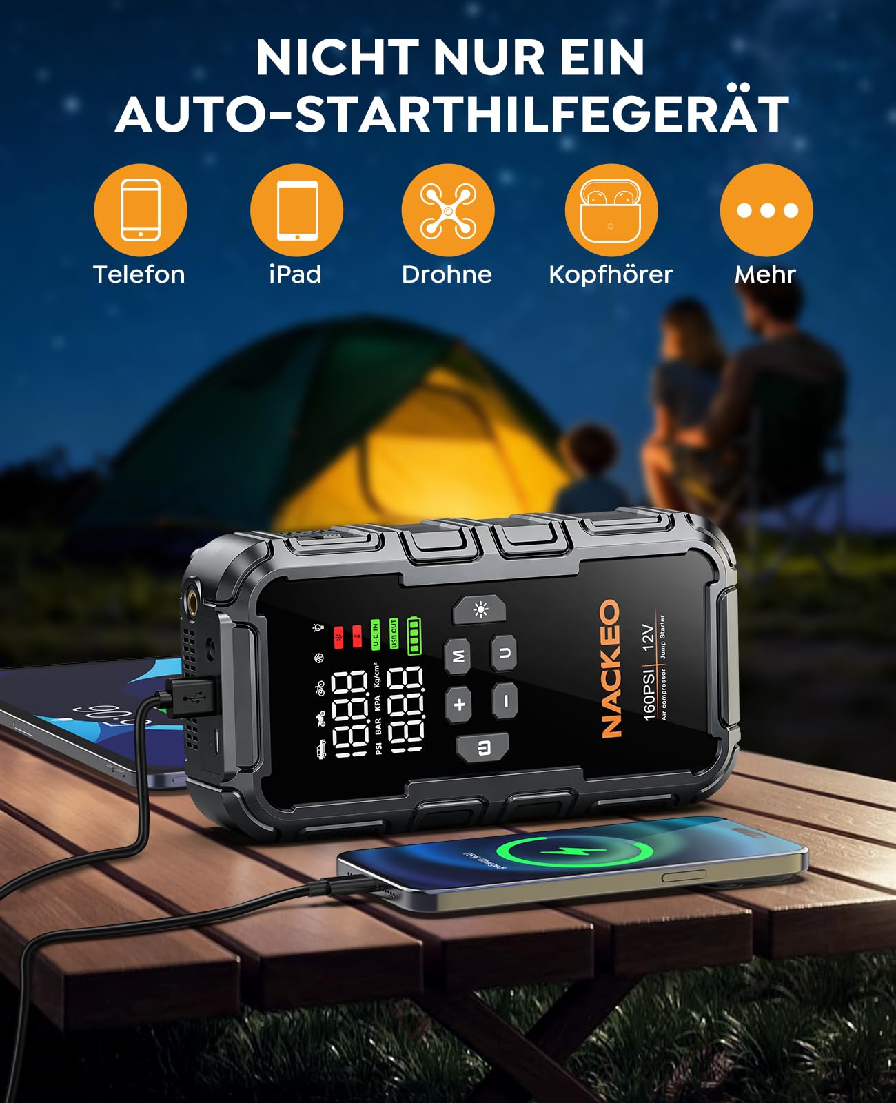 8000A Starthilfe Powerbank für Pkw mit Kompressor (160PSI), 12V Auto Starthilfe Powerbank für Benzin & bis 12L Diesel, tragbarer Jump Starter mit 600LM LED-Licht, Starthilfekabeln & großem LCD-Display