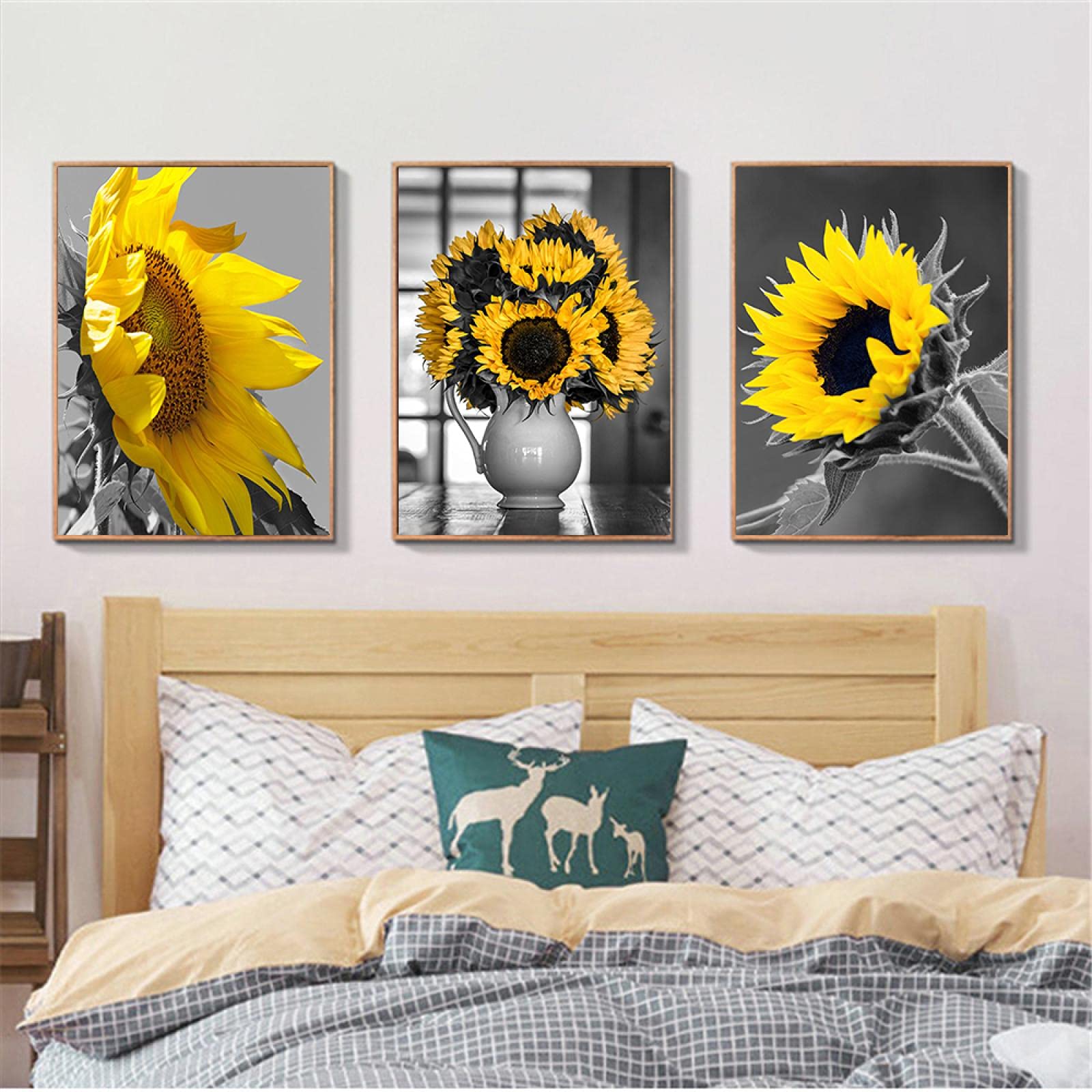 Carteles de arte de pared de girasol blanco y negro lienzo pintura de pared decorativa para sala de estar decoración del hogar imagen abstracta 40x60cmx3 sin marco