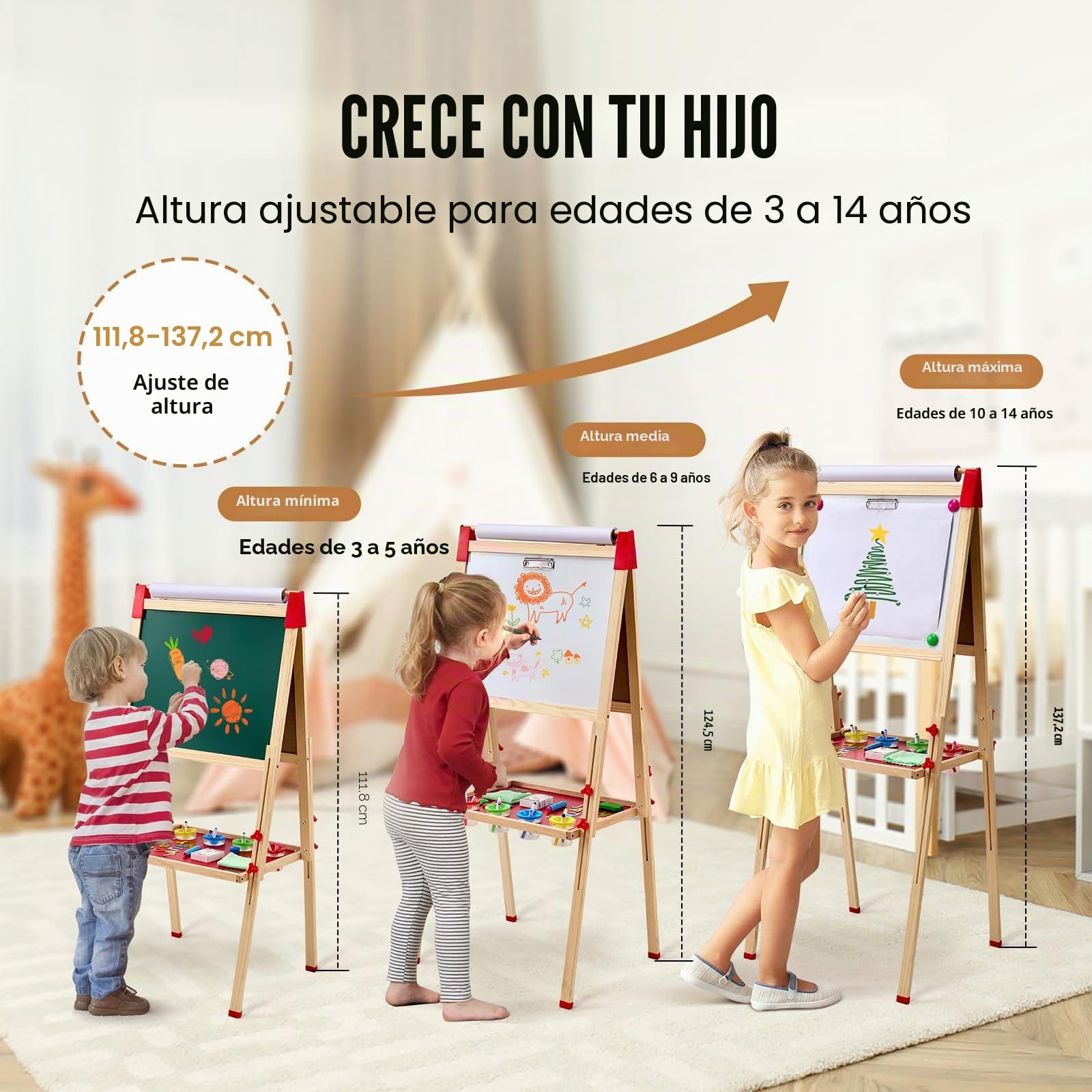 VEVOR 3 en 1 Caballete de Arte Caballete de Madera de Doble Cara para Niños con Pizarra Magnética, Pizarra y Rollo de Papel, Tablero de Dibujo Ajustable con Accesorios de Pintura para Niños