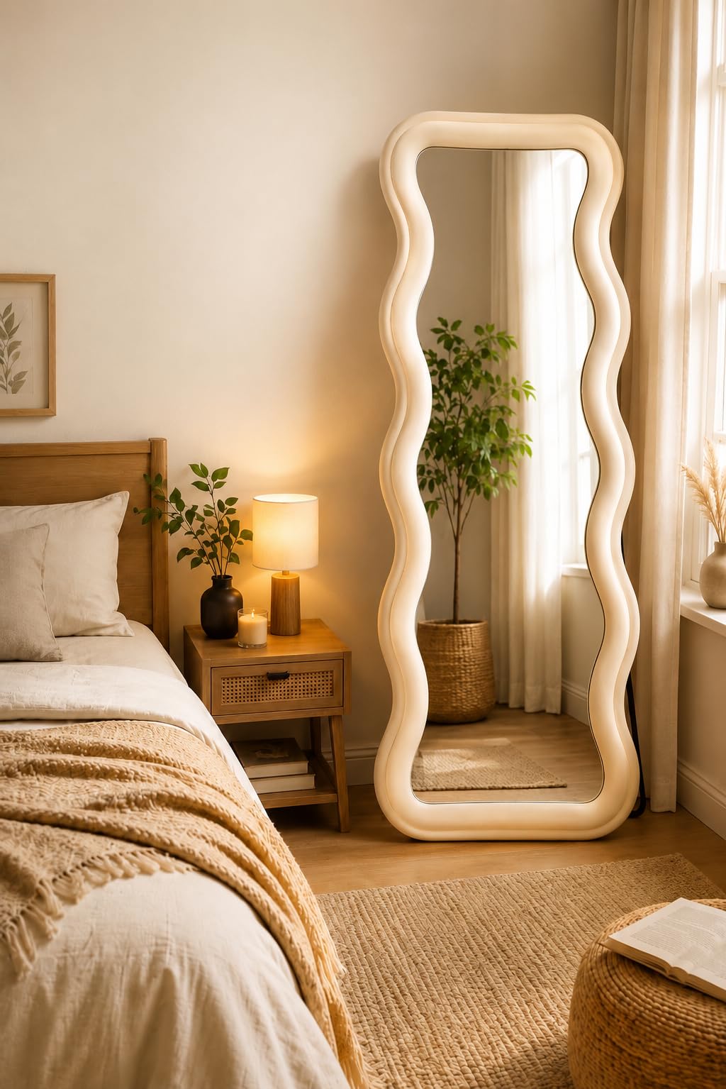 Wave Flat Top Mirror | Decorative Full-Length Mirror with Soft Sponge Padding, Fabric Finish & Rust-Free Frame | Ideal for Dressing Room, Entryway & Studio Dcor (Beige, 60x160cm)-image-19
