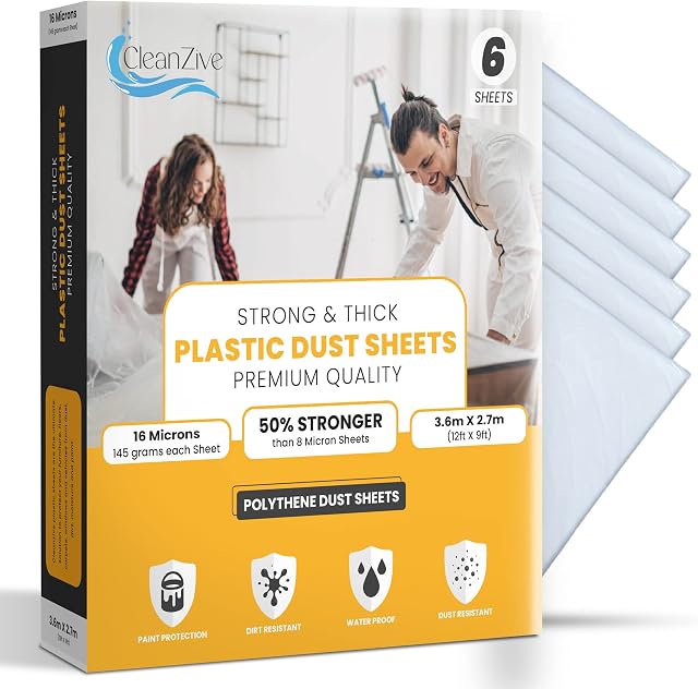 Large Dust Sheets for Decorating 6-Pack by CleanZive, 9ft x 12ft Clear Plastic Sheet for Furniture & Floor Protection, 16 Microns and 2X Stronger Dust Sheet Set for Painting & Covering