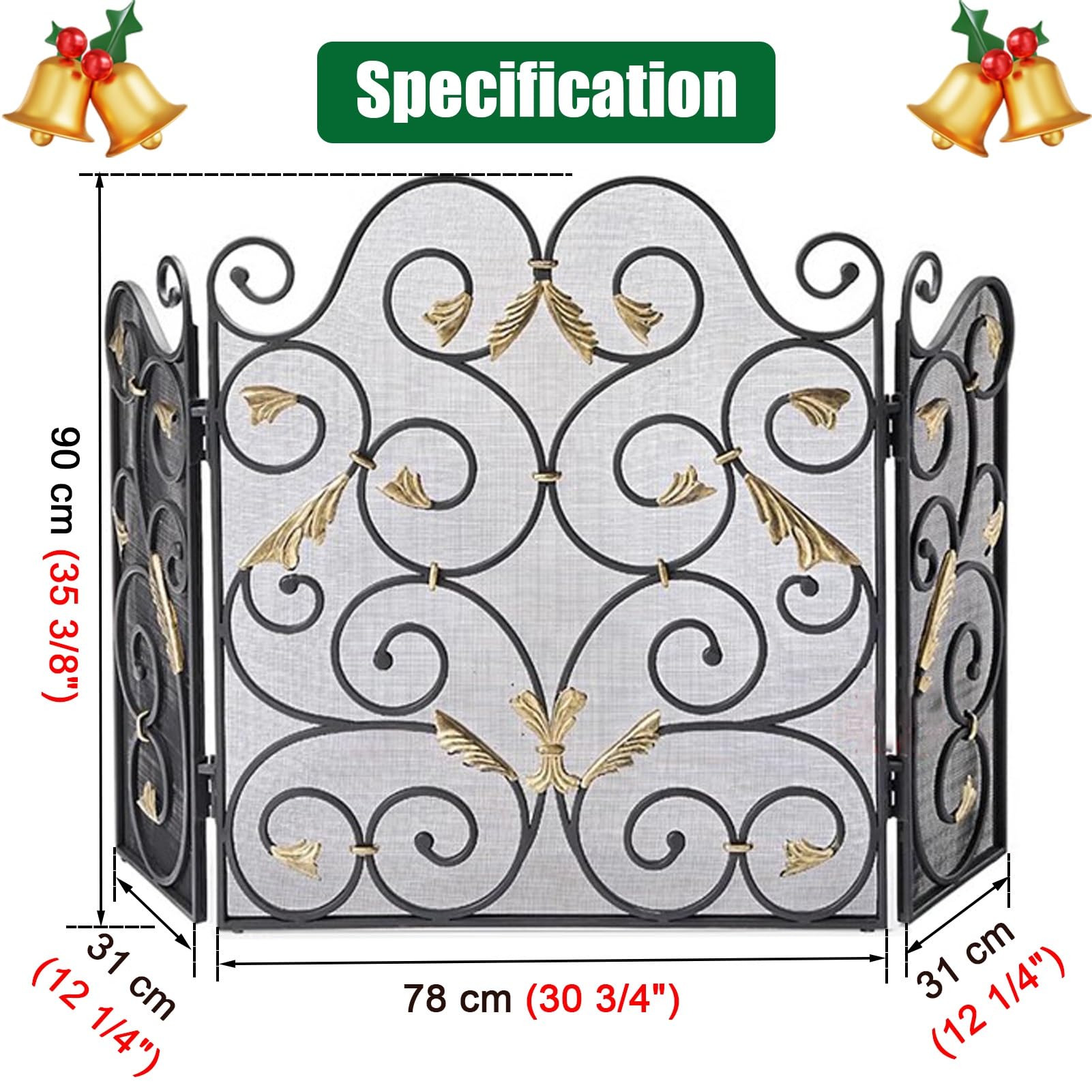 Ekran Kominkowy Chic Black Metal Mesh 3 Panel, Regulowana Osłona Przeciwiskrowa Z Zawiasami, Osłony Kominkowe Do Wystroju Wnętrz
