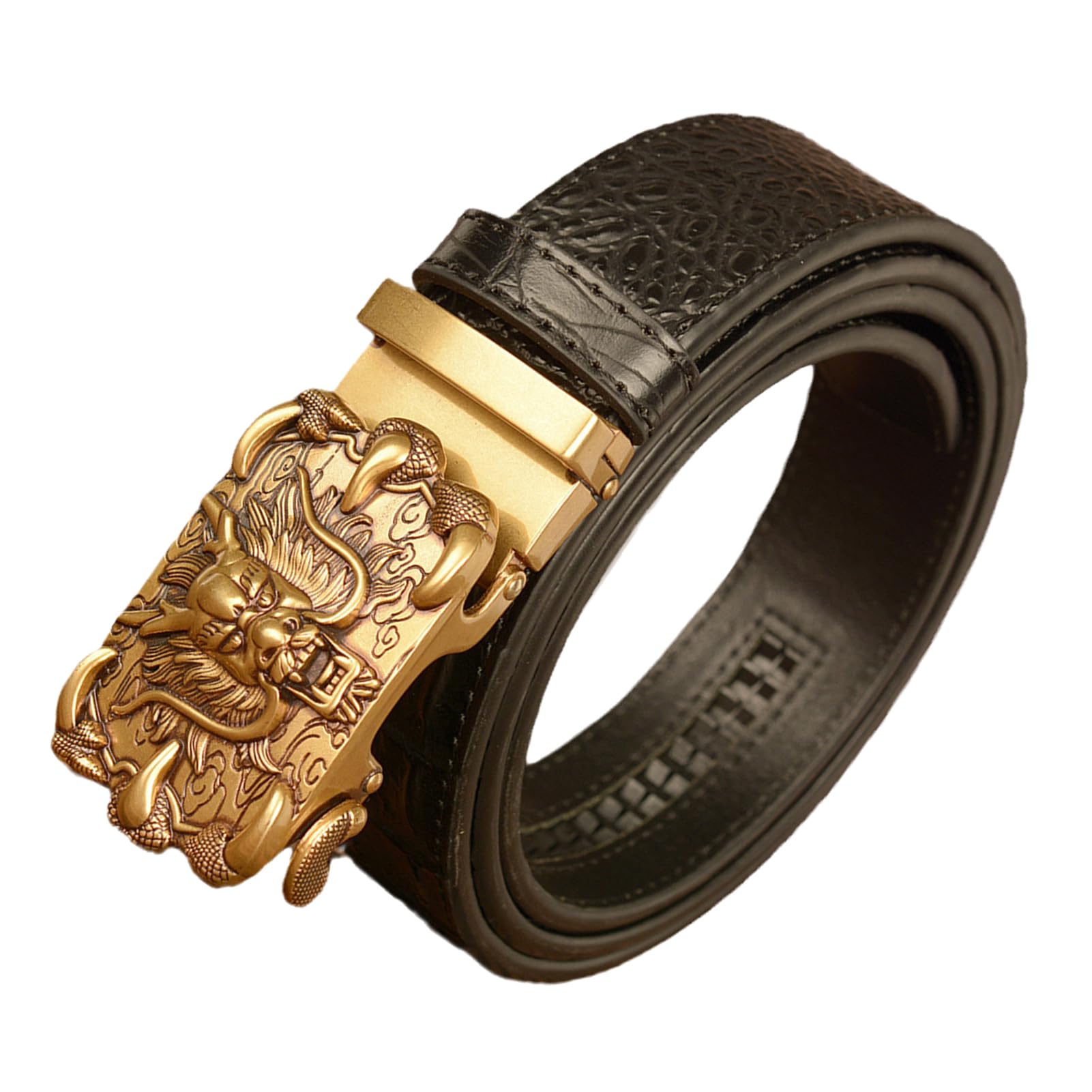 Cinturón De Trinquete Deslizante Cuero En Relieve Cocodrilo, Hebilla Automática Grabada Con Dragón, Cintura Ajustable 115 Cm/39 Pulgadas, Moda Clásico Marrón