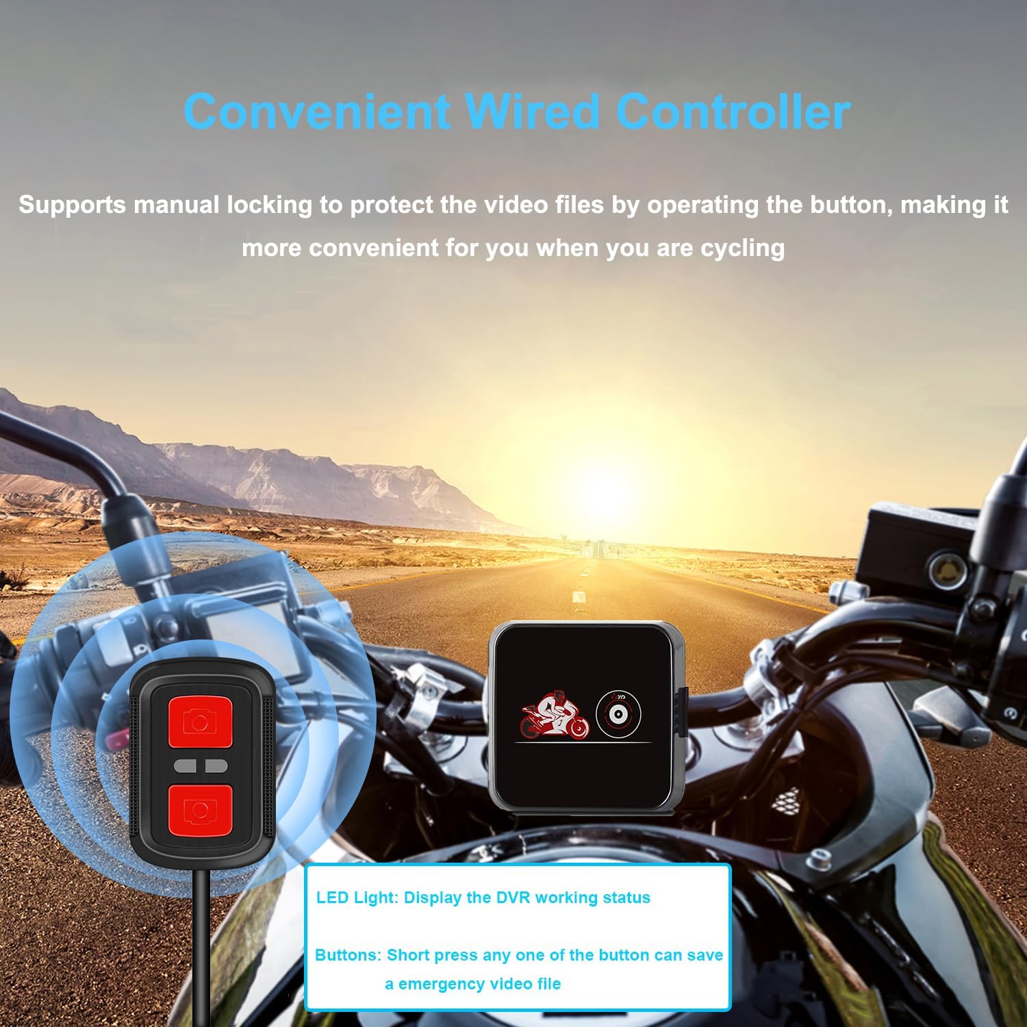 Image showing a wired controller mounted on a motorcycle handlebar, with an LED light and two buttons for operation.