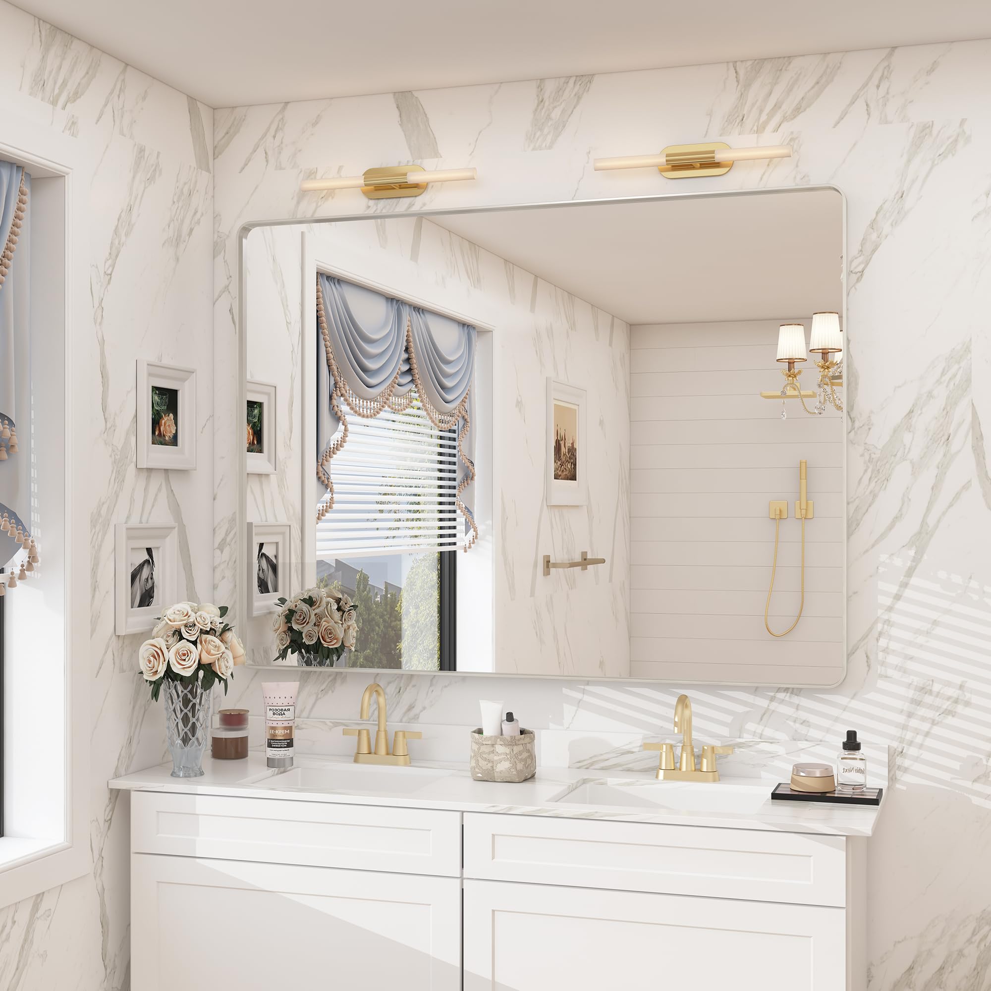 Photo 1 of CHARMOR 48x40 Silver Bathroom Mirrors for Vanity, Brushed Nickel Metal Silver Framed Bathroom Mirror for Wall, Rounded Rectangle Silver Mirror, Anti-Rust, Shatterproof (Horizontal/Vertical)