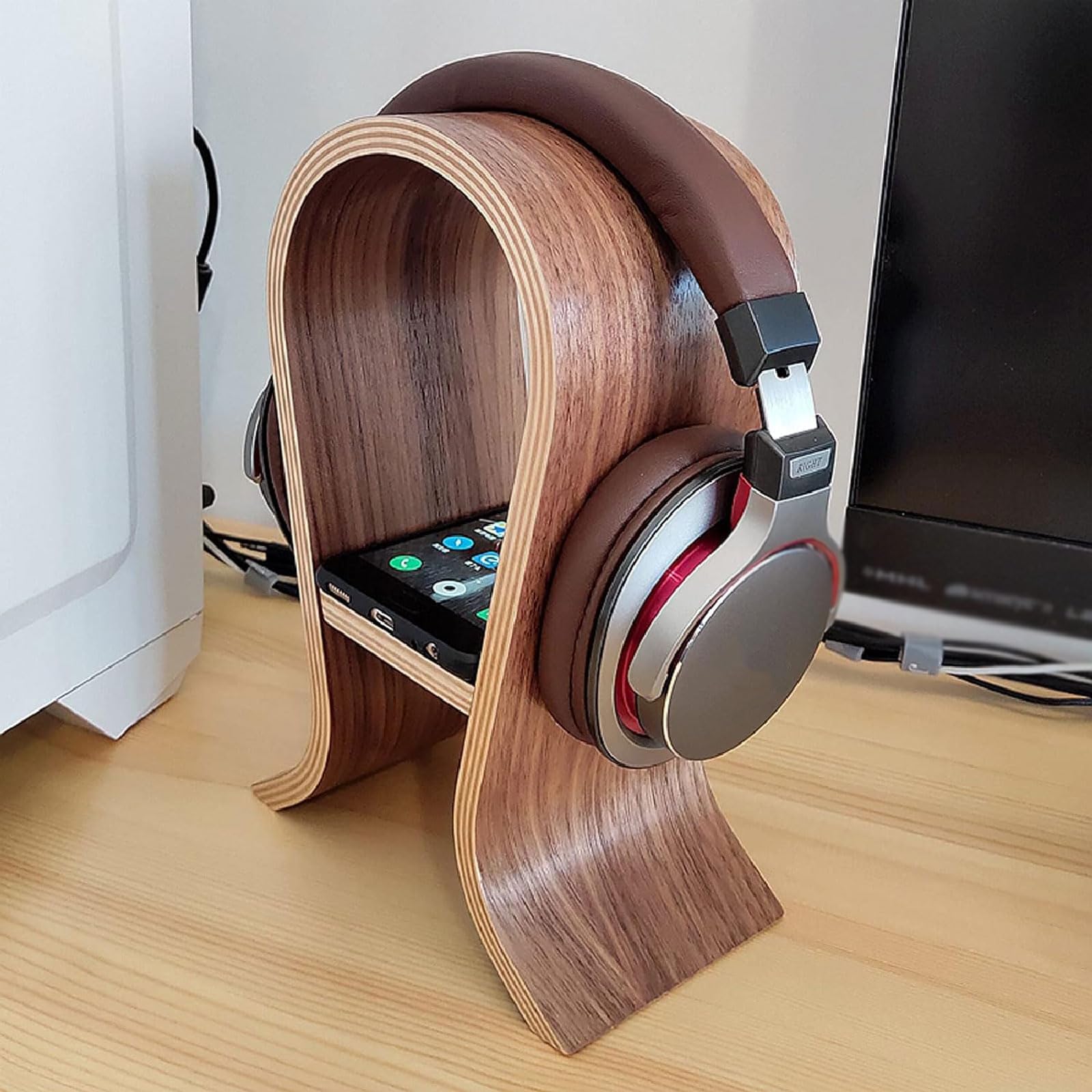 Soporte de Madera para Auriculares/Soporte para Auriculares, Acabado de Nogal, Pantalla para Auriculares para Juegos, Estante Creativo para Auriculares, Colgador para Auriculares