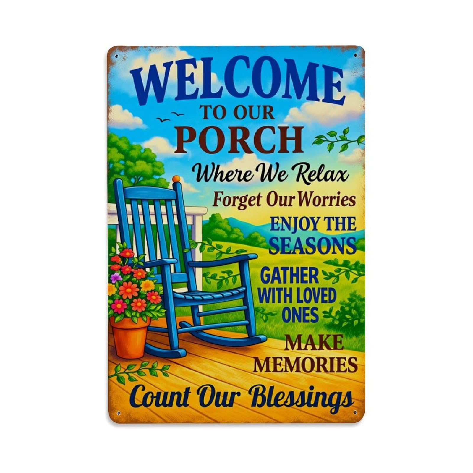 Enderetf Vintage Welcome Porch Relax Enjoy Gather Tin Sign Metal Poster, Home Bar Garage Man Cave Cafe Indoor & Outdoor Wall Decoration 8X12inches