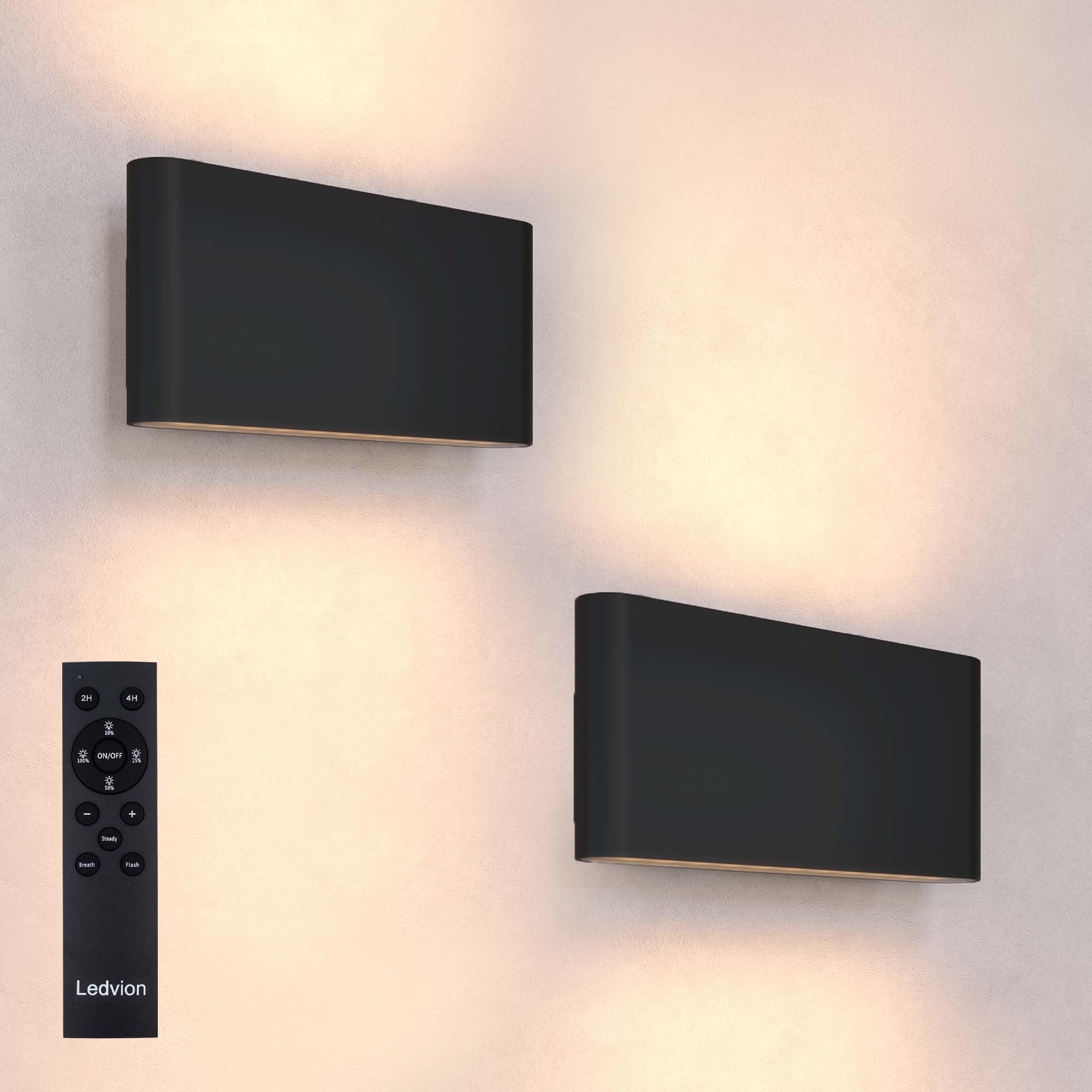 Ledvion – 2X USB Rechargeable Wall Lights with Remote Control, Wireless, Black, Dimmable, Warm White, 4400 mAh Battery, Up Down Light, Modern, Oval, Indoor & Outdoor