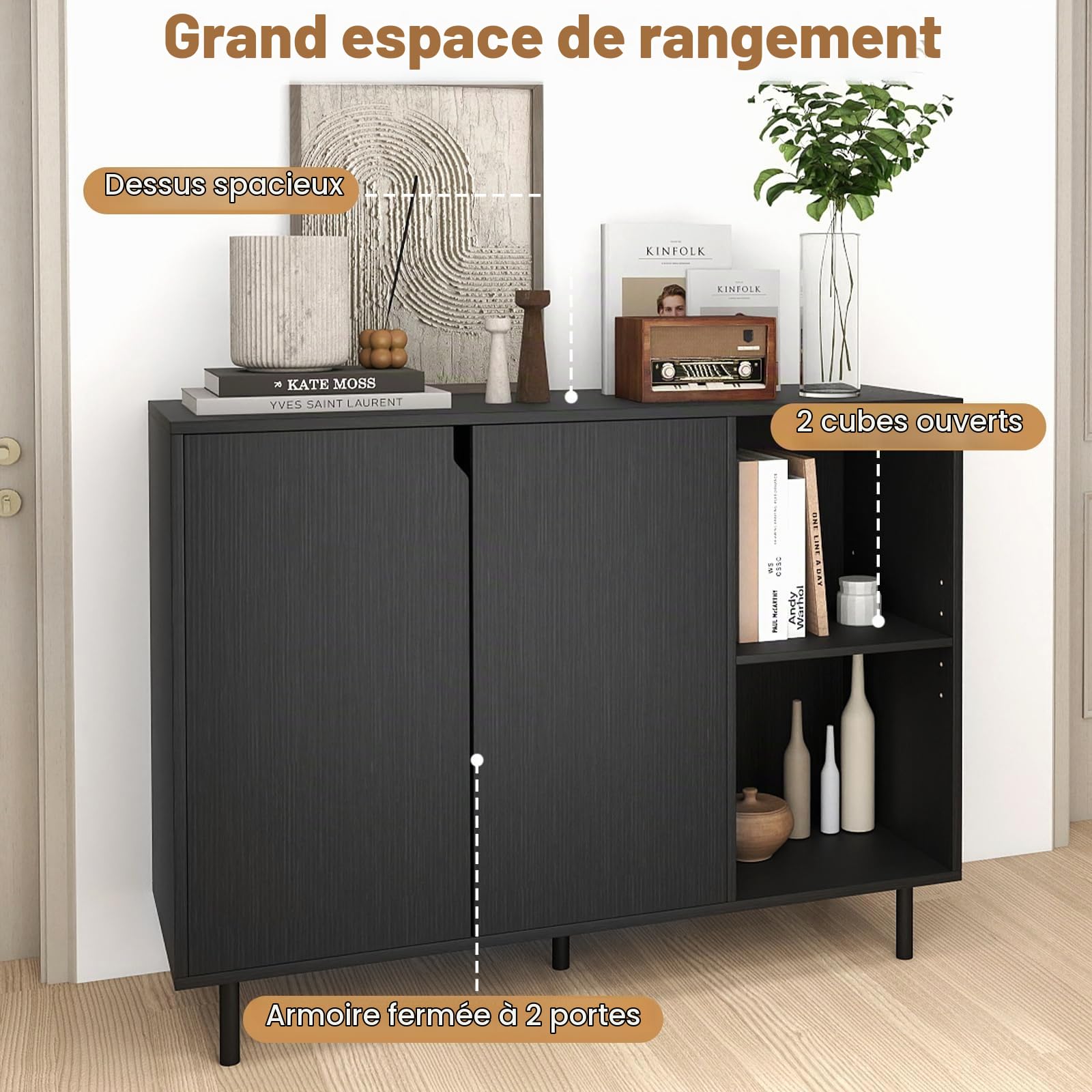KOMFOTTEU Buffet Cuisine, 1 Armoire à Portes & 2 Étagère Ouvertes, Meuble Cuisine avec Dispositifs Anti-basculement, Armoire Rangement, 106 x 38 x 80 cm, pour Salon, Salle à Manger, Chambre (Noir)