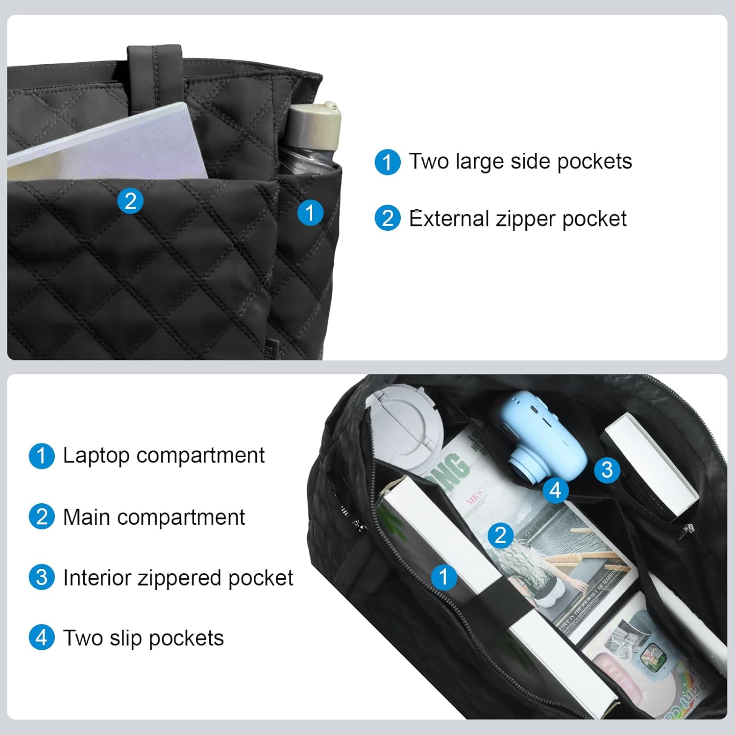 Tote Bag for Women,Lightweight Quilted Handbag with Compartments,Puffer Shoulder Bag with Zipper for Work,Travel,Gym - Image 4