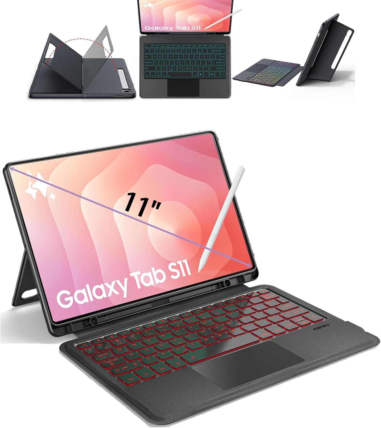 for Samsung Galaxy Tab S11 Keyboard Case 11", S Pen Holder, 7 Color Backlit Keyboard with AI Key & Trackpad, Detachable Sleeve Cover with Adjustable Viewing Angle Stand for Tablet S11