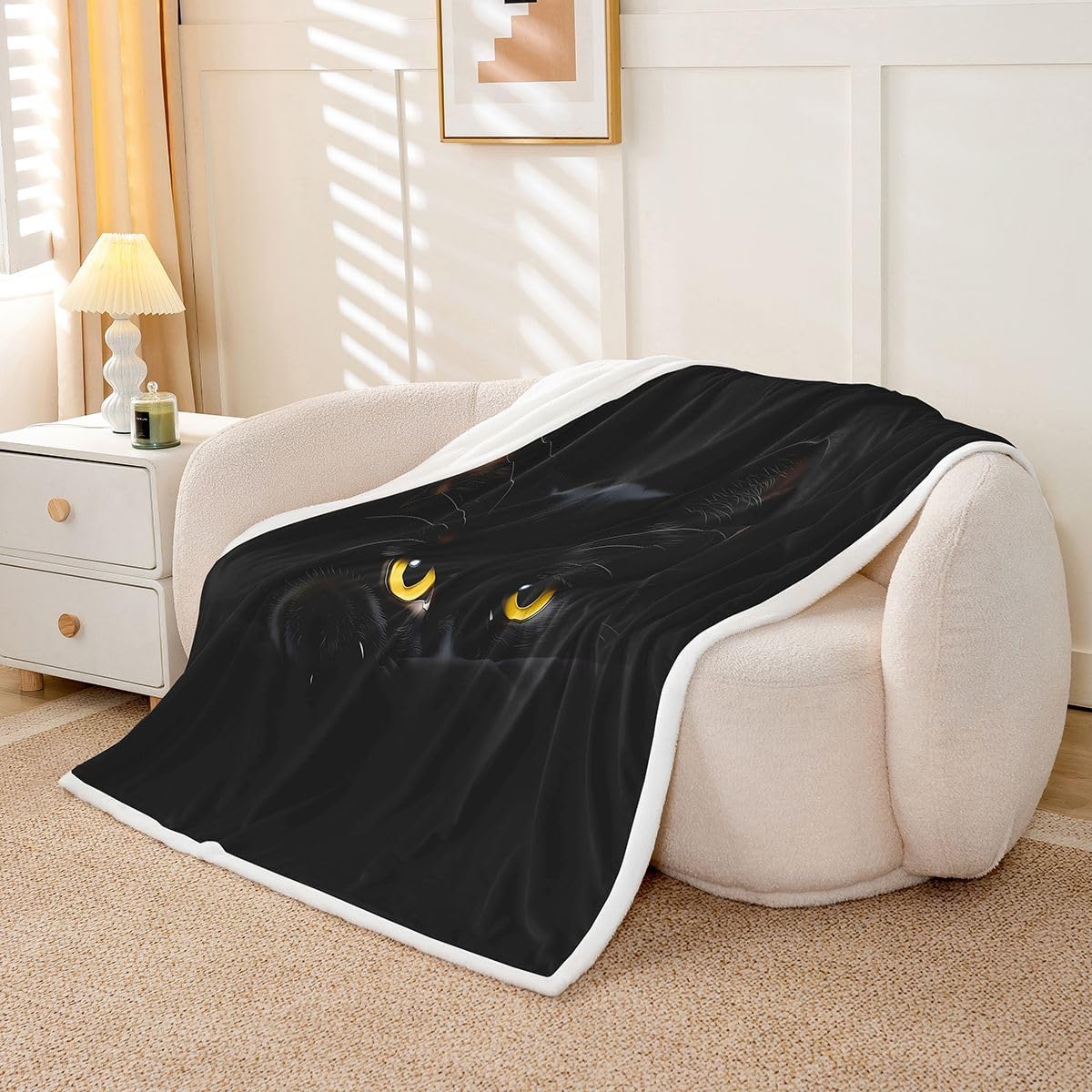 Castle Fairy Black Cat Flannel Blanket Spooky Pet Kids Girls Boys Adult Sherpa Blankets Halloween Themed Living Room Decor Lightweight Fleece Blanket Plush Blankets 40"x50" Black Yellow image 5