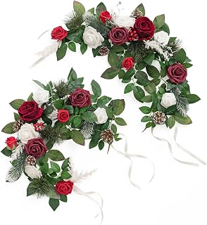 Ling's moment 2Pack 2ft Artificial Flowers Garland Lantern Flower Centerpieces Wedding Aisle Decor Chair Flowers Arch Floral for Christmas Pew Signs DIY Table Wall Window Decoration Red & Sparkle