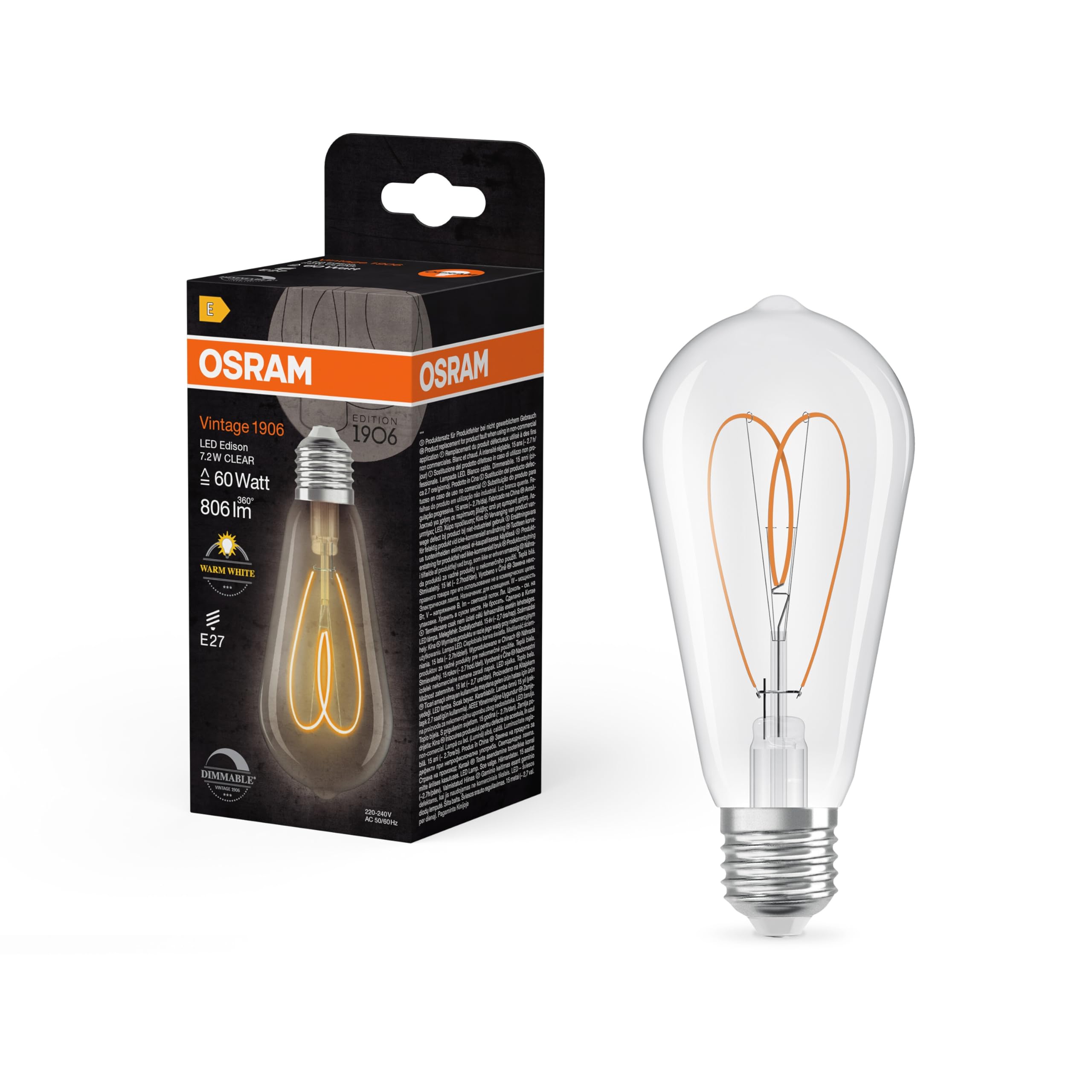 OSRAM LEDVANCE 836969 1906 LED DIM 7,2W/927 230V Heart FIL Clear E27 Power Type, Multicolor, Forme Edison