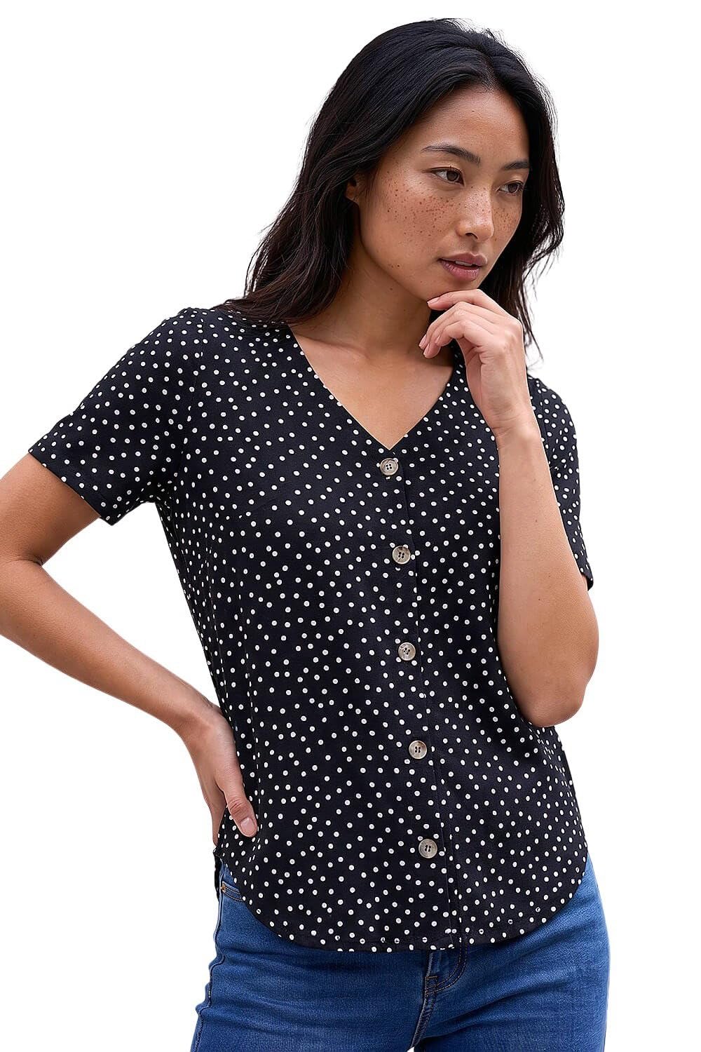 Roman Women's Petite Spot V-Neck Blouse in Black | Size: 8