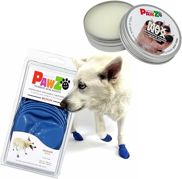 PawZ Dog Boots M, Blue & MaxWax Paw Balm Bundle - Waterproof Dog Shoes & Natural Paw Wax for Year-Round Paw Protection and Care
