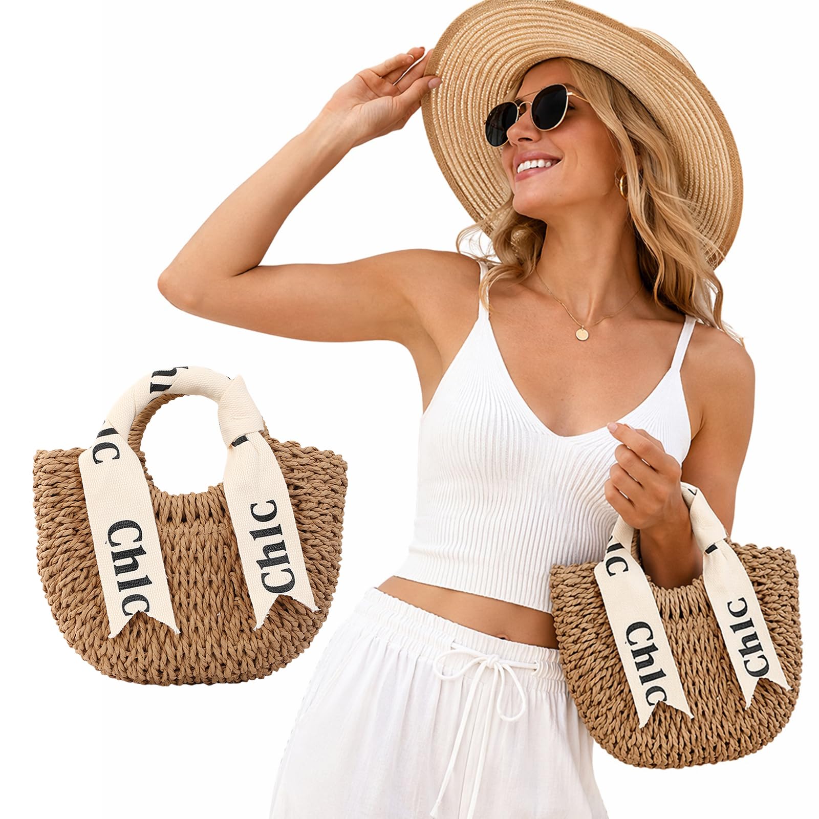 Borse da donna in paglia intrecciata a mezza luna in rattan intrecciato a | La borsa di totalizzatore della mezza luna tessuta paglia delle donne leggere offre il trasporto facile per lo shopping e il