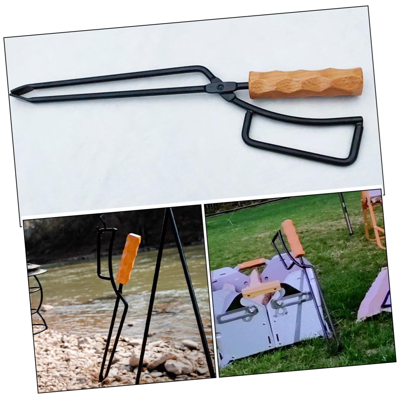 TOYANDONA Pinza per Barbecue da Campeggio in Ferro e Legno, Morsetto per Carbone Allungata Impugnatura Ergonomica Antiscottatura, Attrezzo Multifunzione per Esterno e Falò