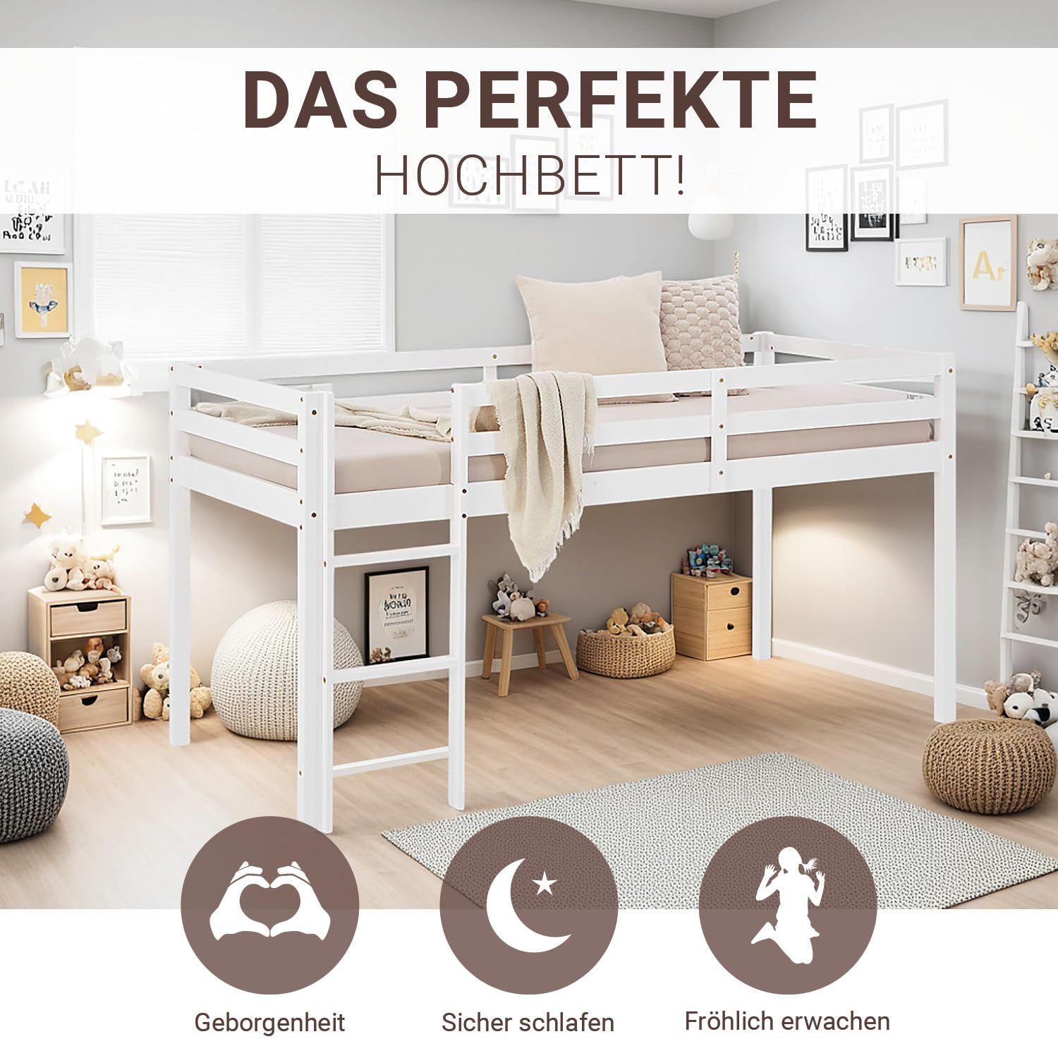 Homestyle4u Kinderhochbett 90x200 Weiß - Hochbett Massivholz Kiefer | Stabiles Jugendbett mit Leiter & Rausfallschutz, EN 747 geprüft, Platzsparendes Etagenbett für Jungen & Mädchen