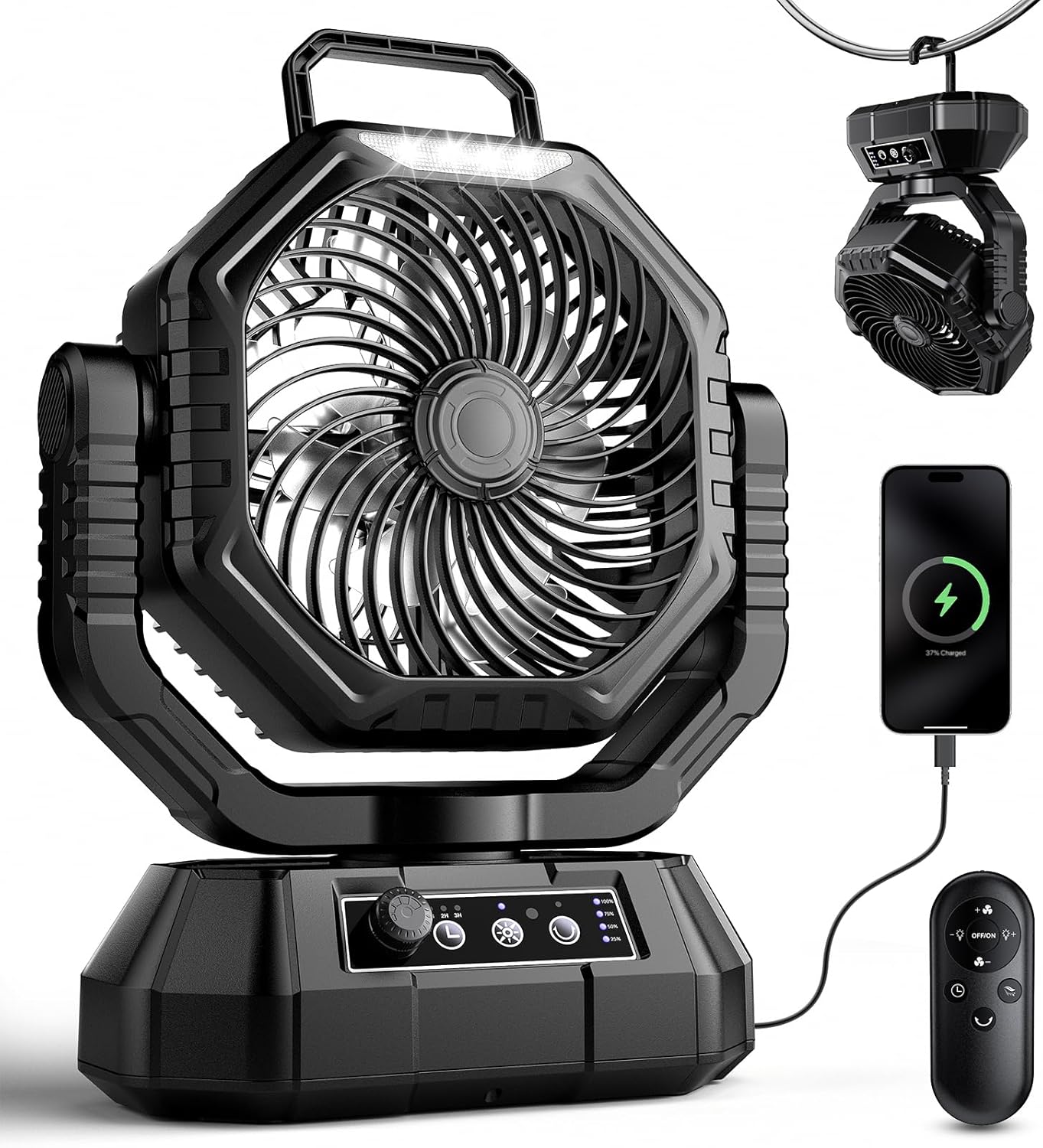 HAWANA Portable Camping Fan Rechargeable 20000mAh Battery Operated Fan with LED Lantern, Portable Table Fan with Head Rotation,3 Timer, Hook for for Camping Tents Travel Outdoor Beach, Sun Orange