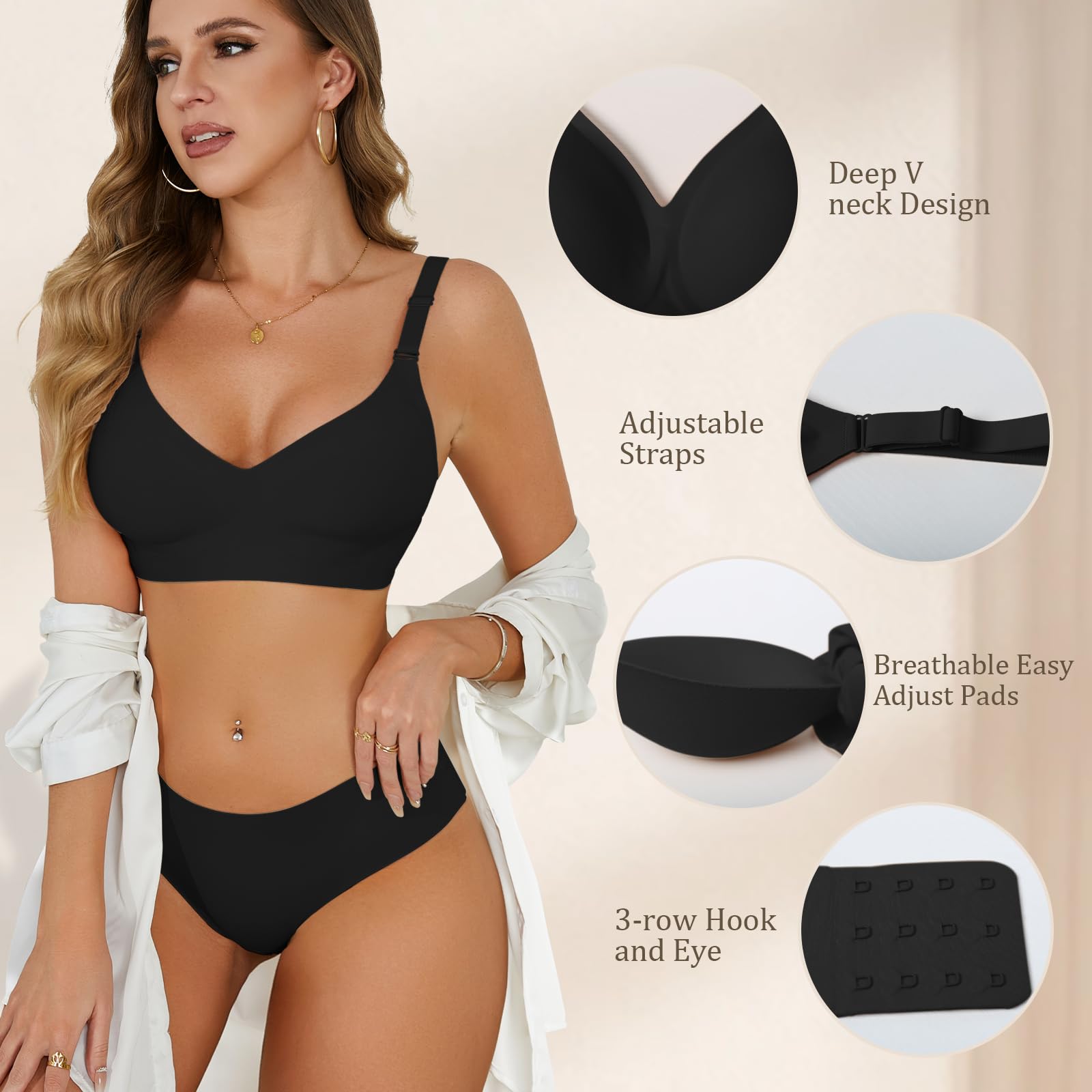 Reggiseno Push Up V-neck Wireless Senza Cuciture Senza Ferretto Donna, Scollo a V, Supporto Completo, Imbottitura Rimovibile Comoda, Basic da Donna, Colore Bianco