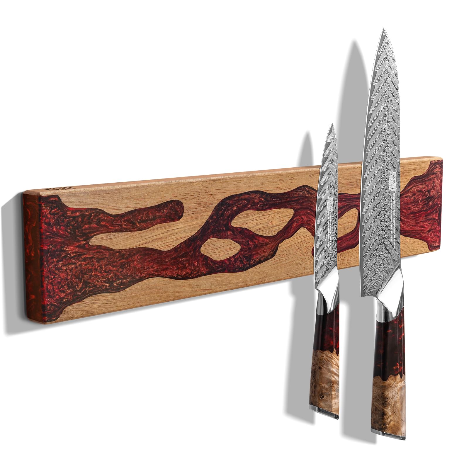 FINDKING Magnetic Knife Strip for Wall, Solid Acacia Wood with Deep Red Resin Inlay, Wall-Mounted Knife Holder with Strong Magnetic Hold, No-Drill Adhesive Mount (16 Inch)
