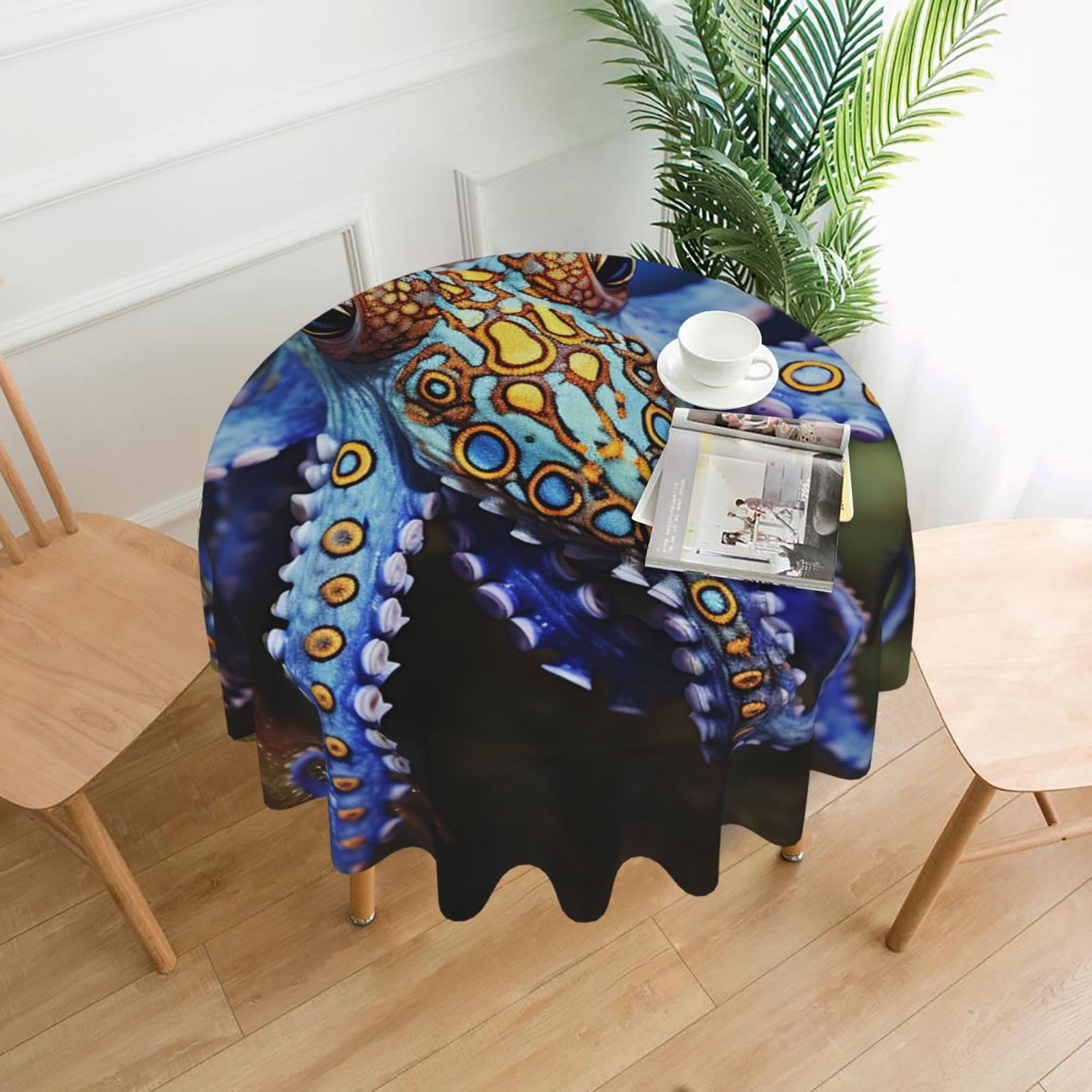 FodPand Blue Ringed Octopus Tablecloths for Round Tables 60 Inch - Reusable Washable Dining Table Clothes - Stain and Wrinkle Resistant Decorative Fabric Table Cover for Wedding Party