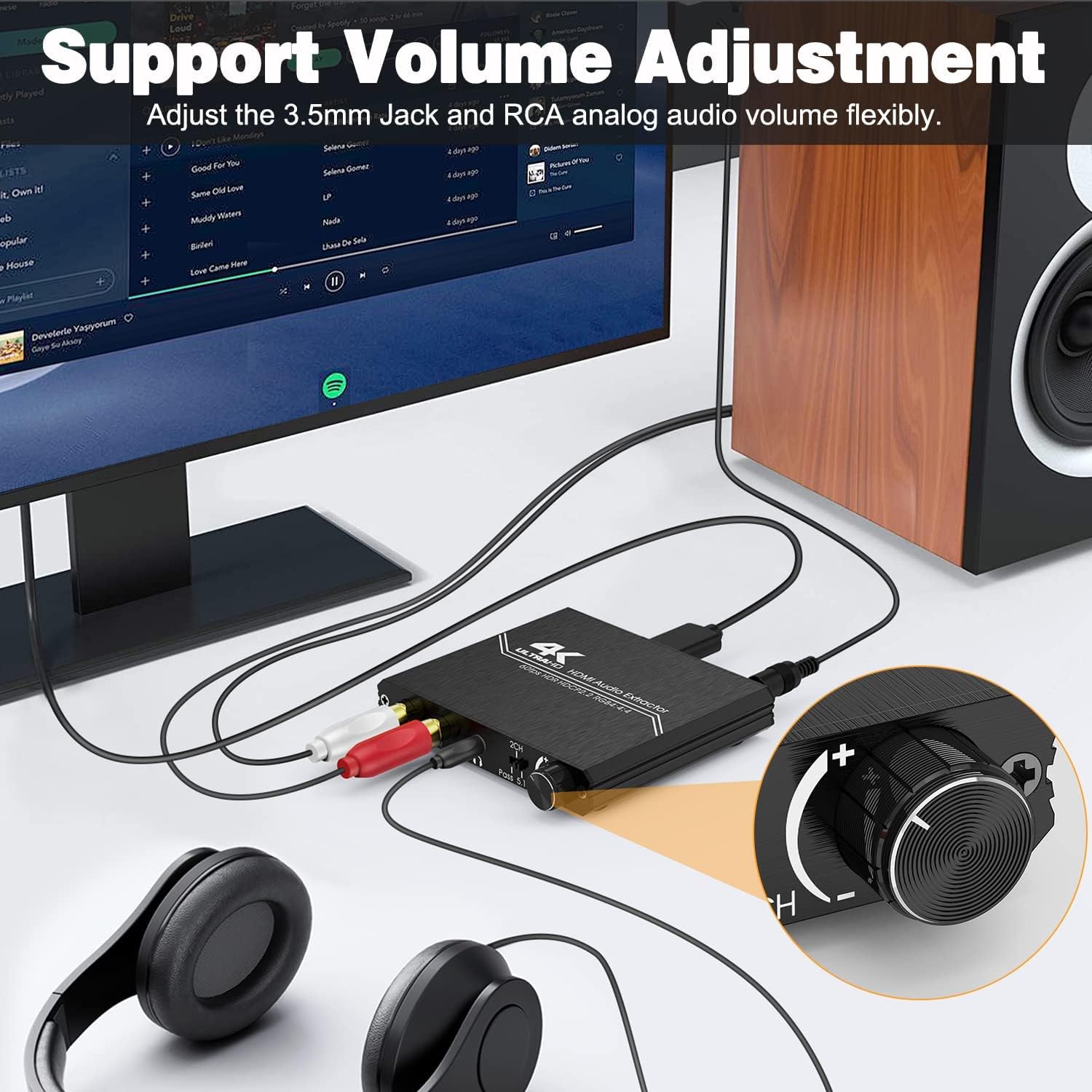 Diviseur audio HDMI 2.0 4K HDMI vers SPDIF optique Toslink 3,5 mm AUX stéréo RCA L/R convertisseur audio avec contrôle du volume, compatible avec 4K @ 60 Hz HDCP 2.2 HDR 3D YUV 4:4:4