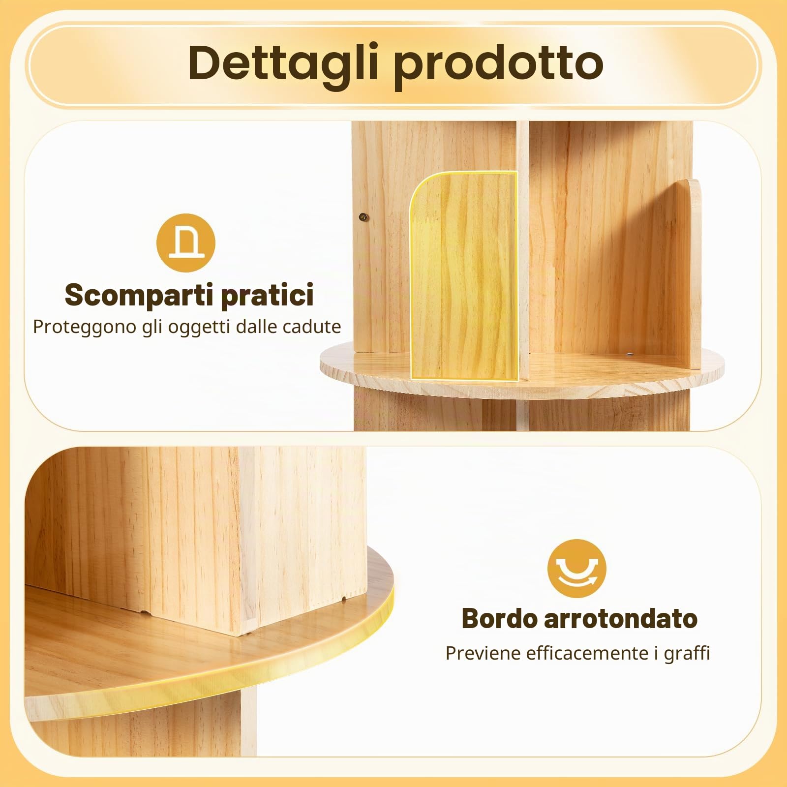 Libreria girevole, 6 ripiani, scaffale girevole in legno, grande spazio di archiviazione, design speciale, per riporre libri, souvenir, oggetti espositivi