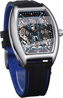 FORSINING Mens Tonneau Skeleton Watch Silicone Strap Automatic Mechanical Watches, Arc Square Dial Sports Unique Fashion Wristwatch