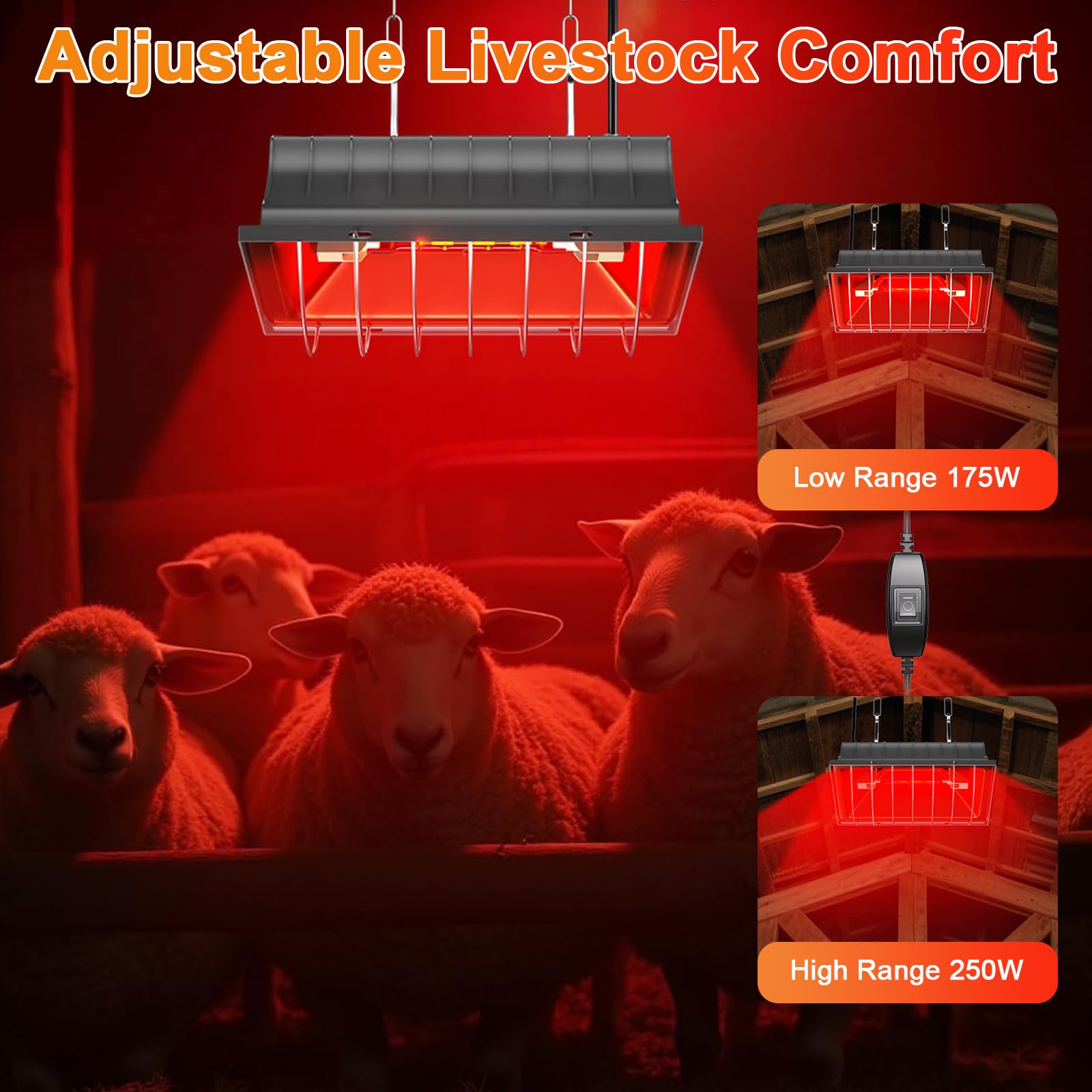 250W Hühnerstall Heizung, Infrarot Wärmelampe, Wasserdichte Wärmelampe Tiere, Thermostat Geflügel Wärmelampen mit Verstellbarer Aufhängekette für Küken, Welpen, Katzen, Schweine, Hunde, Reptilien