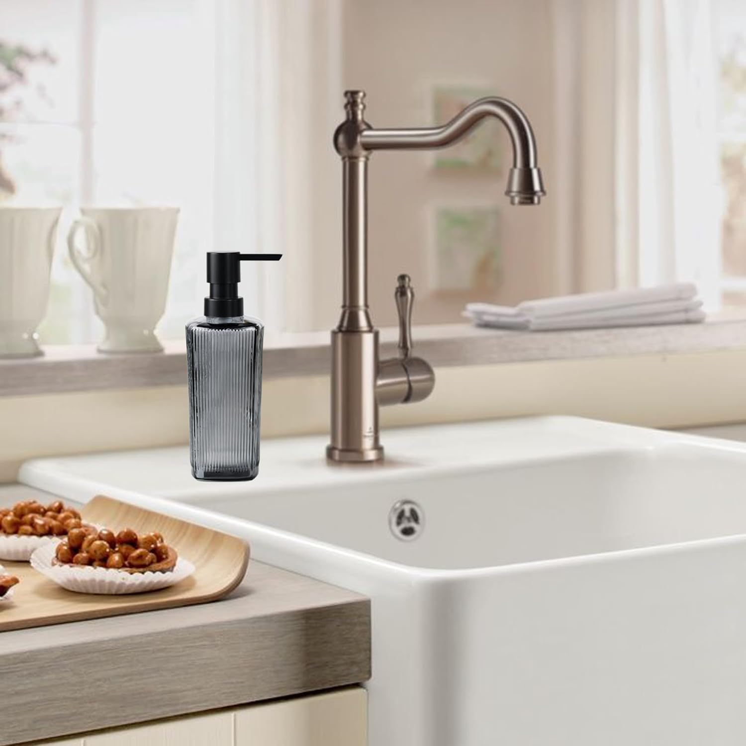 12 oz Glass Soap Dispenser with Vertical Stripe with Black Plastic Rustproof Pump, Small Refillable Soap Dispenser for Kitchen and Bathroom (Grey) - Image 7