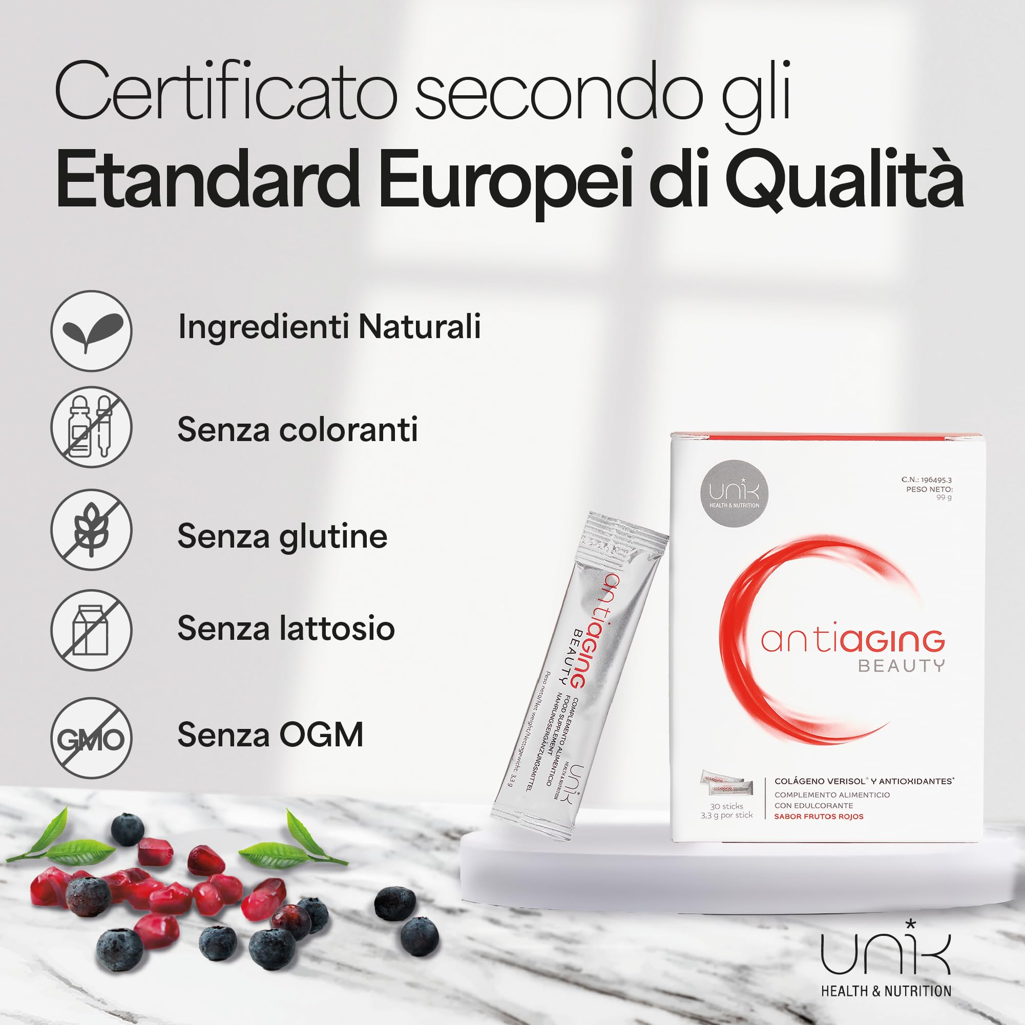 Collagene Verisol Idrolizzato e Acido Ialuronico + Vitamina C + Biotina in Polvere Articulaioni + Pelle Capelli e Unghie per Donna - Peptidi Colageno da Bere Puro - Extra Beauty - 30 Sticks | UNIK