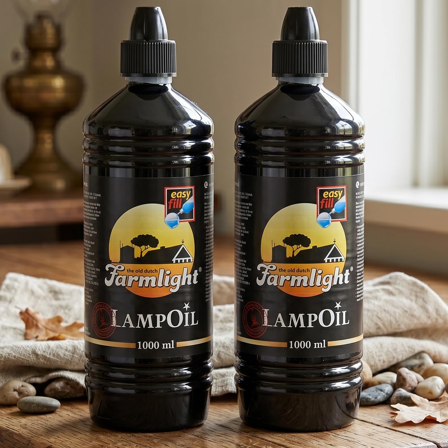 2 x Smokeless and Odourless Premium Dutch Lamp Oil with Intergrated Easy Pour Funnel - Clear Candle Oil - 2 x 1 Litre Bottle. Spill- Free Design Bottle.