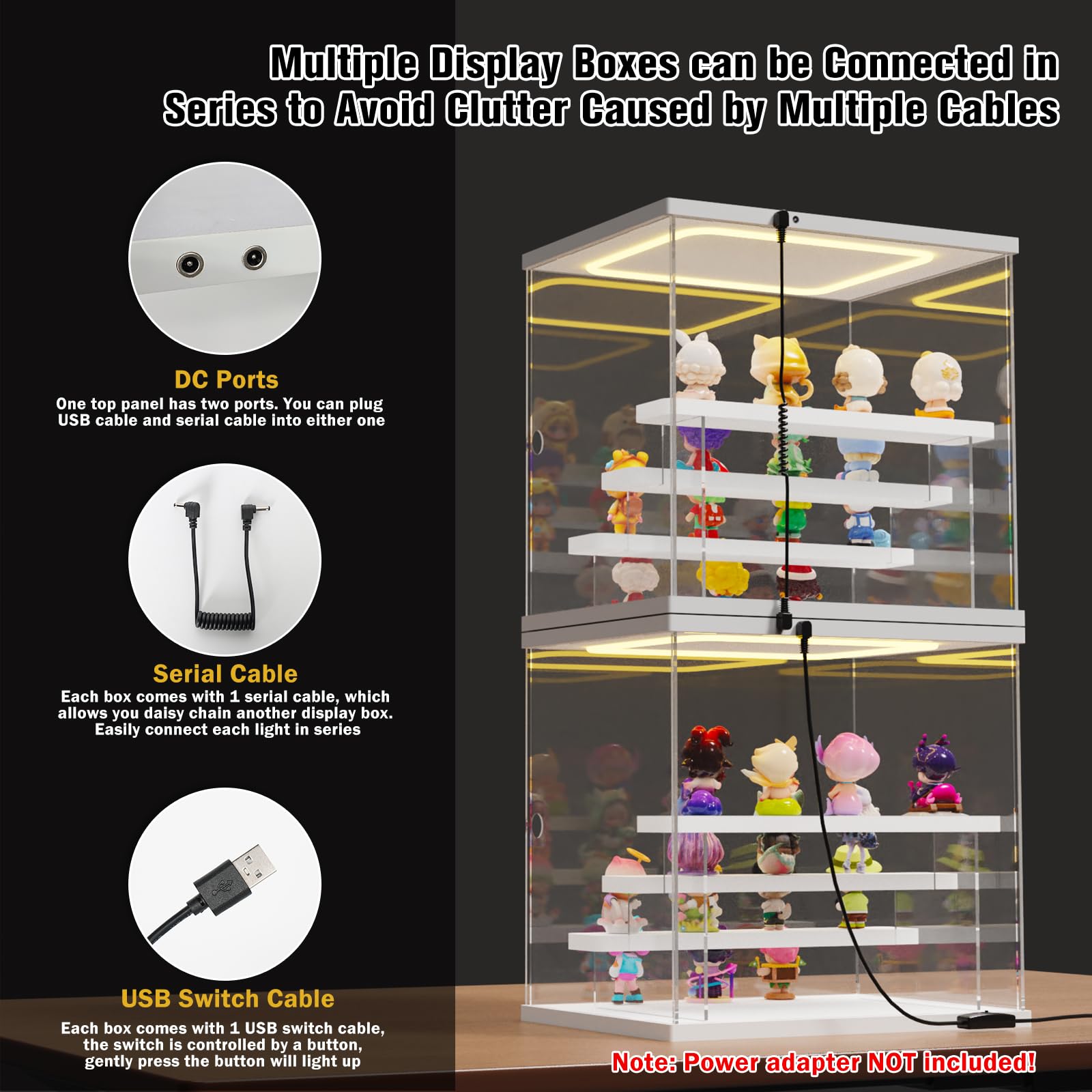 Vetrina Acrilica con Luce LED, 4 Livelli Scatola Vetrina Espositiva per Collezionismo con Porta e Gradini, Antipolvere Teca Plexiglass per Funko Pop, Figure, Modellini, Bianco