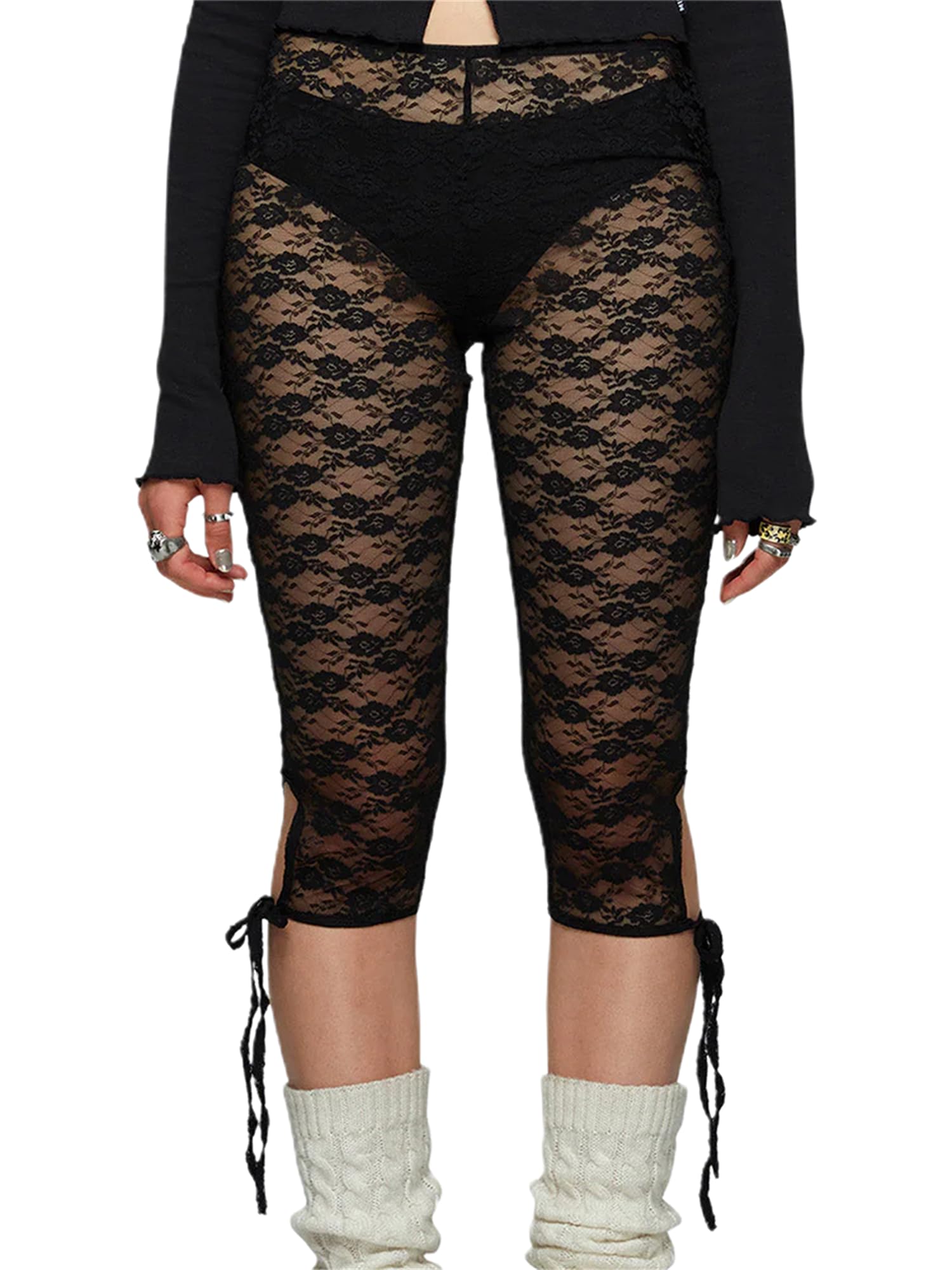 Sexy outfit Damskie kwieciste koronkowe legginsy Capri 3/4 długości rozciągliwe rajstopy seksowne przezroczyste przycięte spodnie z wycięciem na imprezę nocną w klubie