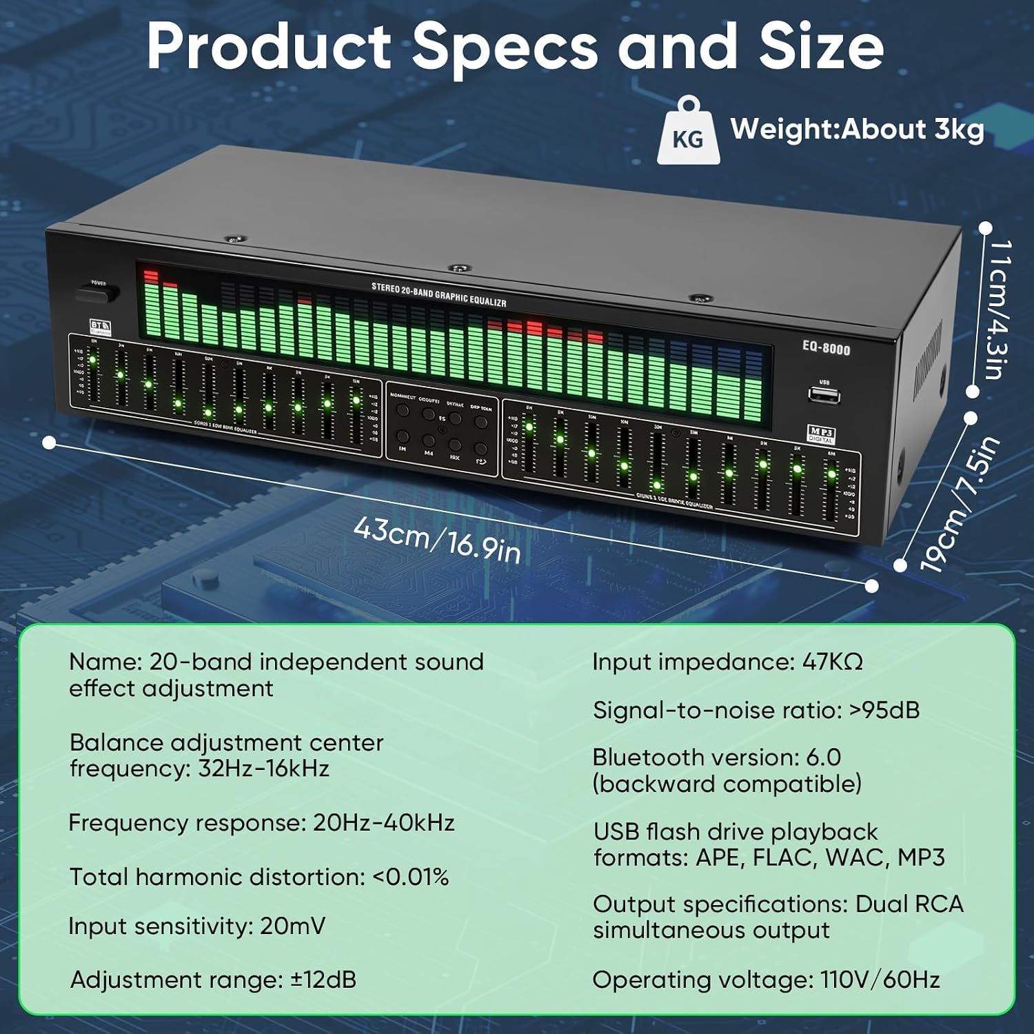 Equalizzatore Stereo Domestico con 20 Bande di Regolazione Indipendenti E Riduzione del Rumore | Equalizzatore Grafico con Visualizzazione dello Spettro A 31 Bande | Adatto per Home Theater E