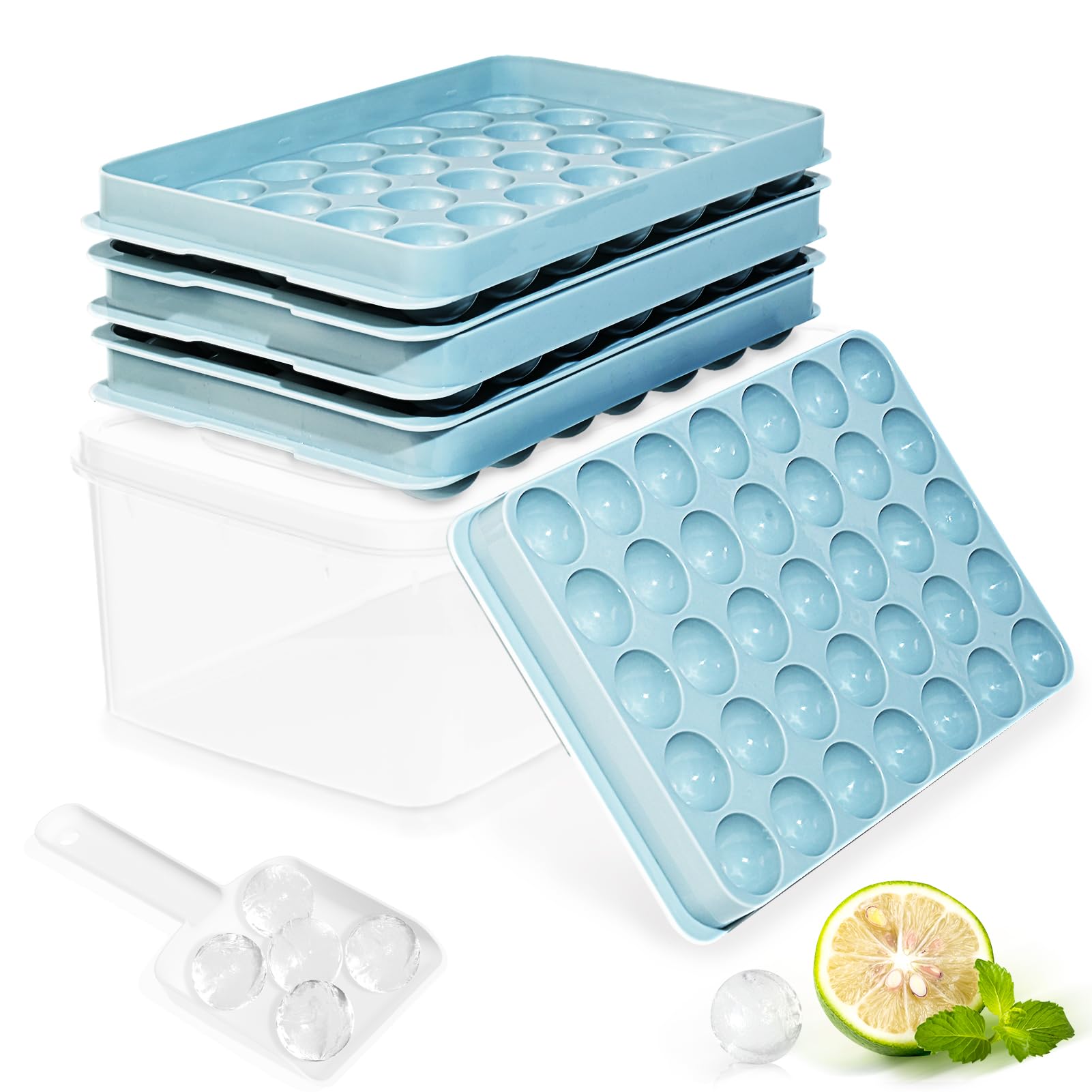 Ice Cube Trays with Lid and Bin, 1.0 IN Small Round Ice Cube Mold - 3 Pack(35 per Tray) Easy Release Stackable Ice Ball Maker Iced Bucket Kits, Circle Ice Tray for Cocktail, Whiskey & Drinks,BPA-Free