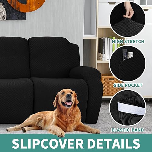 Vista 4 de YEMYHOM Funda elástica para sillón reclinable de 4 piezas, funda elástica para silla reclinable jacquard con bolsillo lateral, funda reclinable